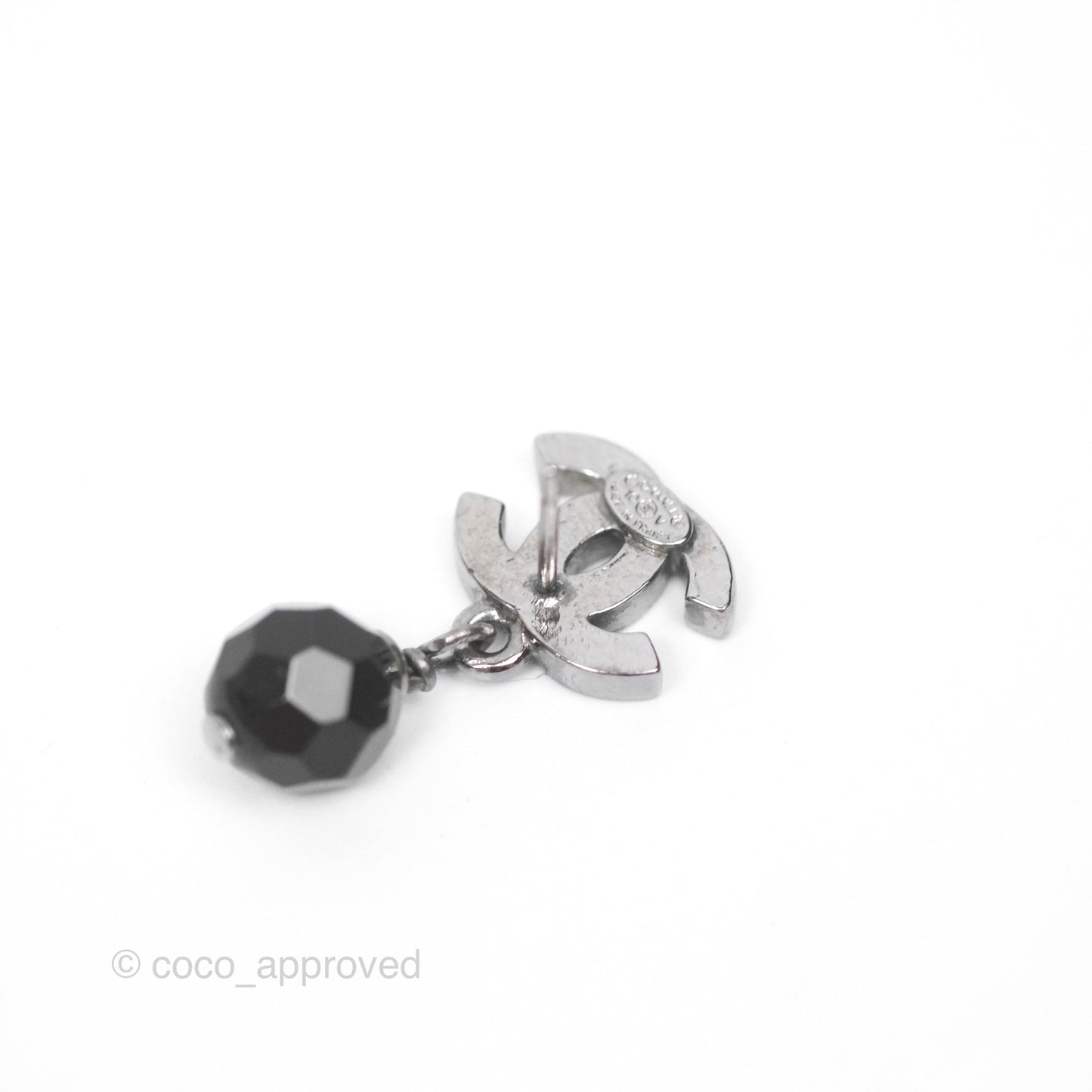 Chanel CC Black Bead Drop Earrings Dark Silver 10V