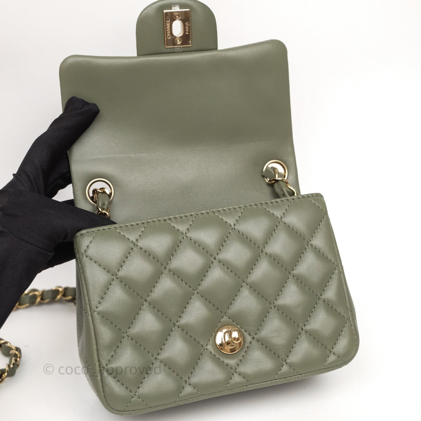 Chanel Quilted Mini Square Olive Green Lambskin Gold Hardware
