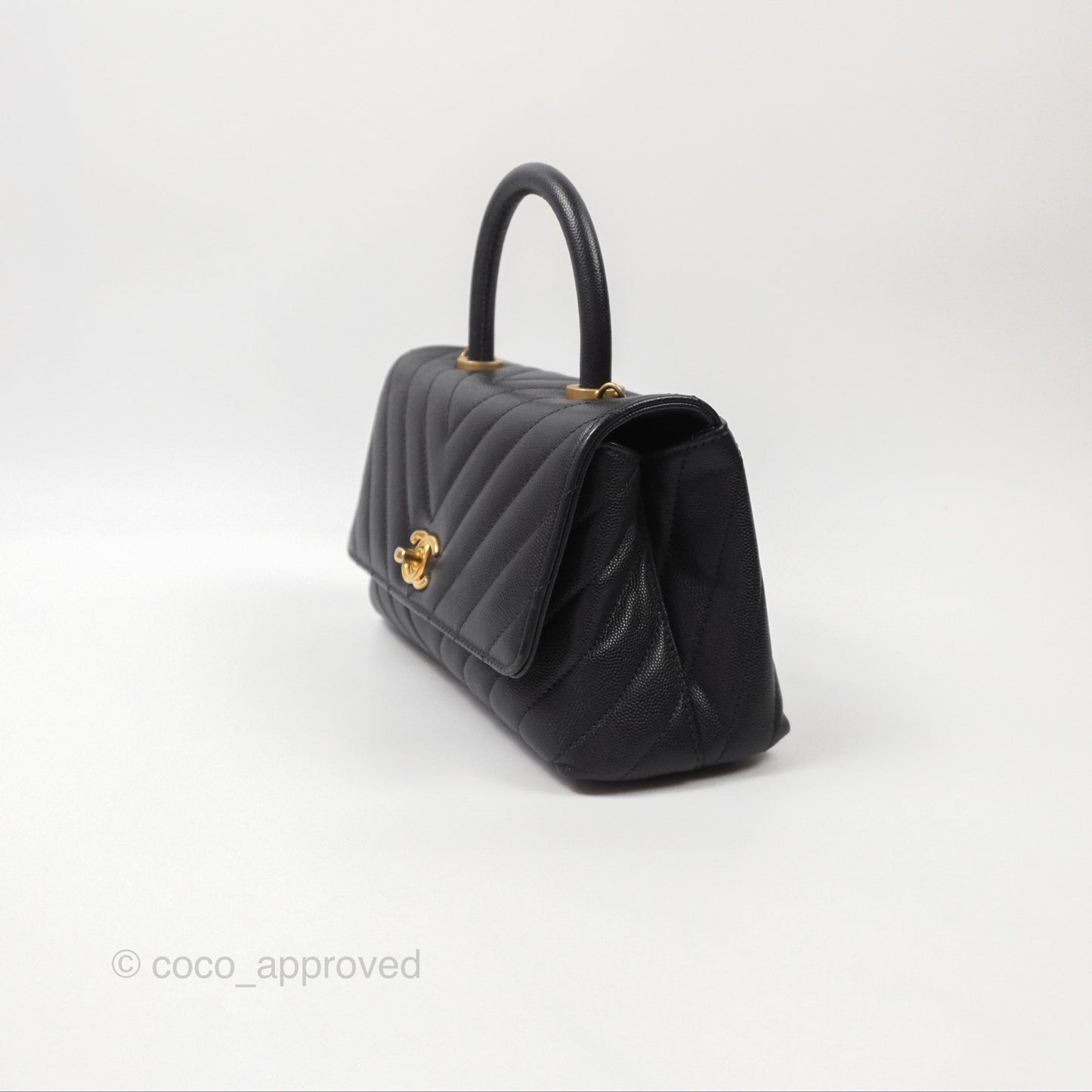Chanel Small Coco Handle Chevron Dark Grey Caviar Aged Gold Hardware