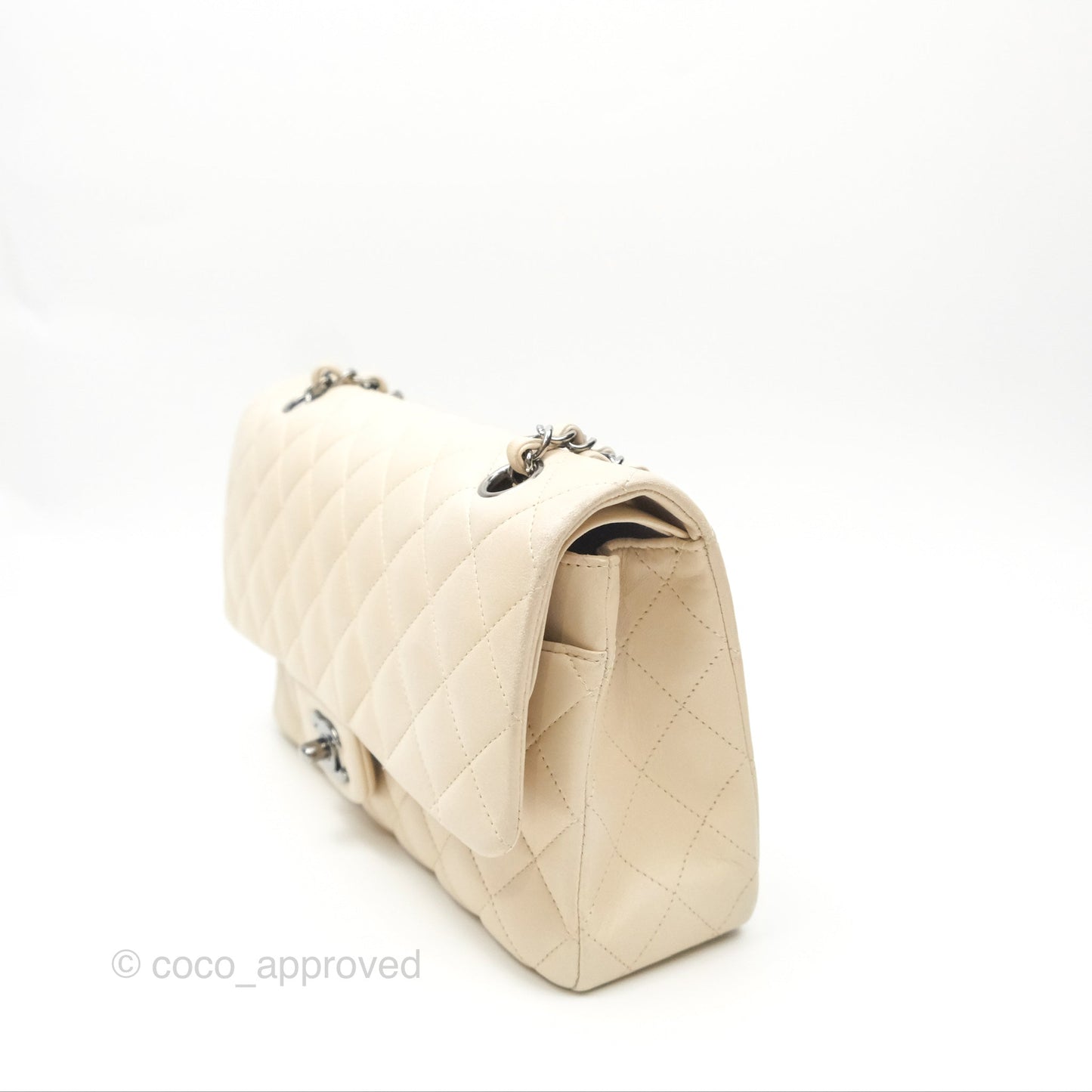 Chanel Classic M/L Medium Flap Quilted Pale Beige Lambskin Gun Metal