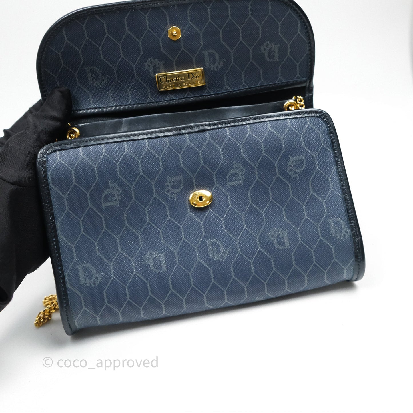 Christian Dior Vintage Honeycomb Flap Bag Navy Gold Hardware