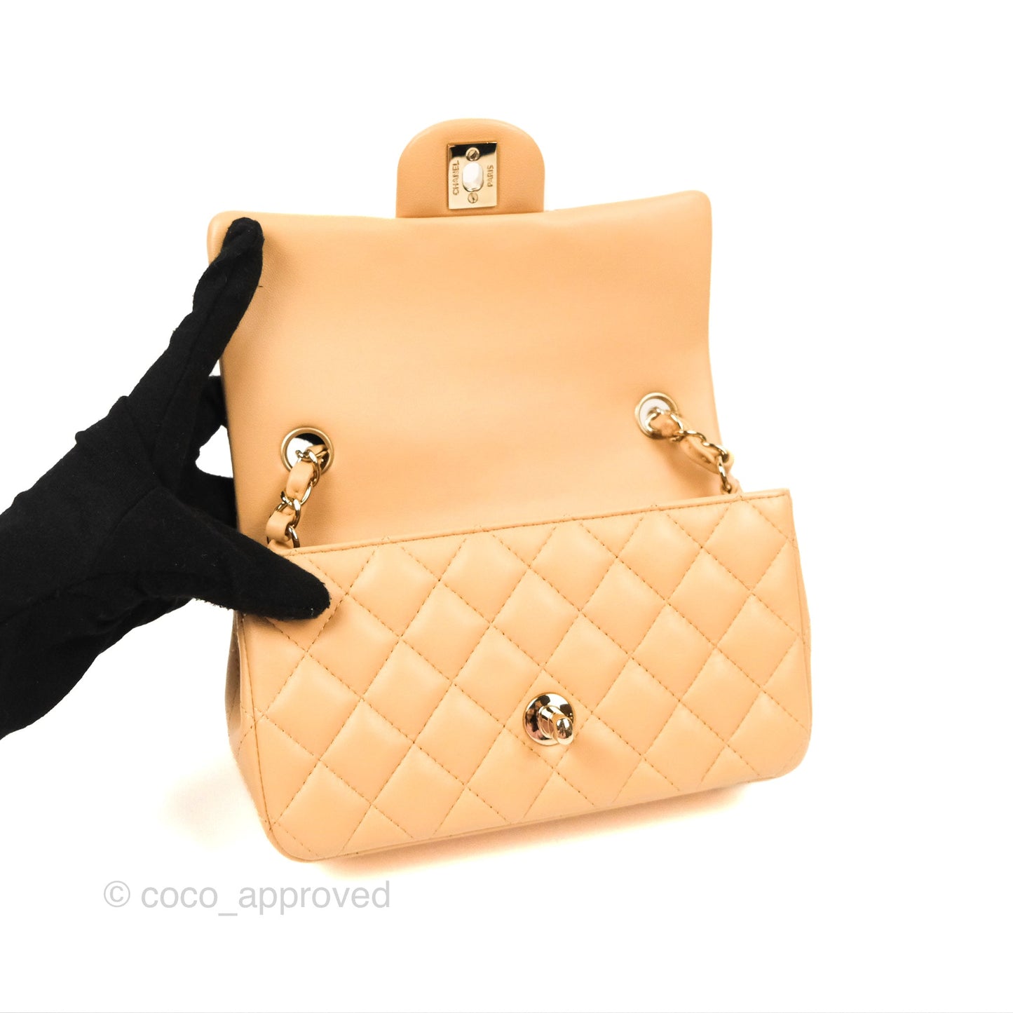 Chanel Quilted Mini Rectangular Flap Beige Lambskin Gold Hardware