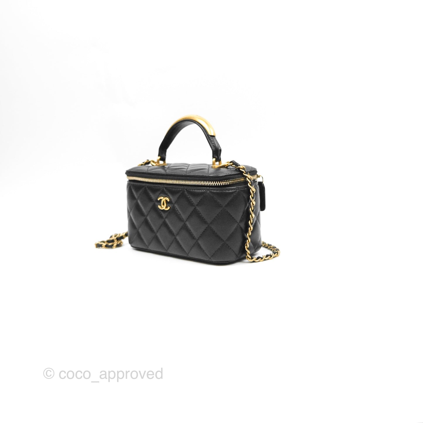 Chanel Vanity Rectangular Metal Top Handle Black Lambskin Aged Gold Hardware 22B
