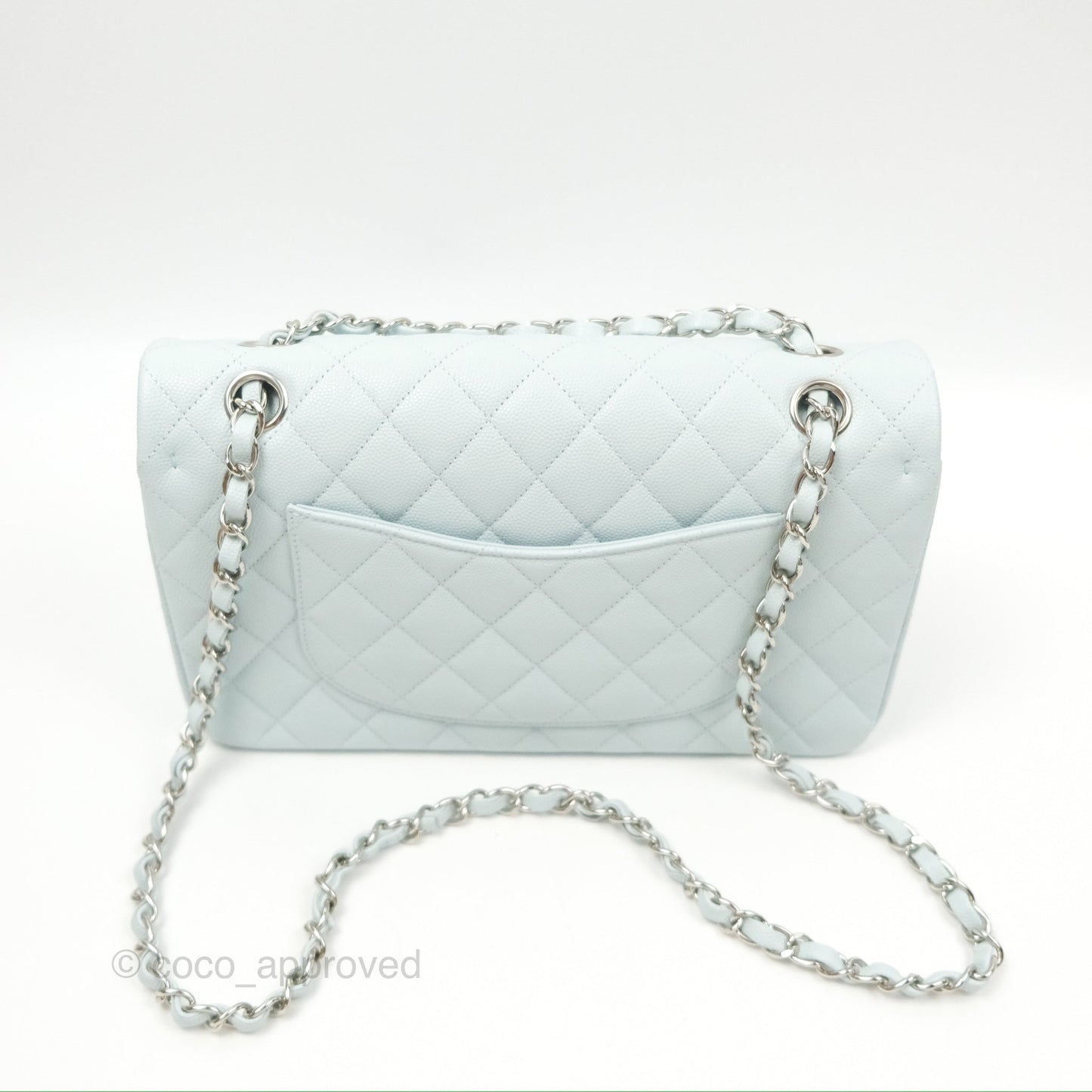 Chanel Medium Classic Flap Quilted Pale Blue Caviar Silver Hardware