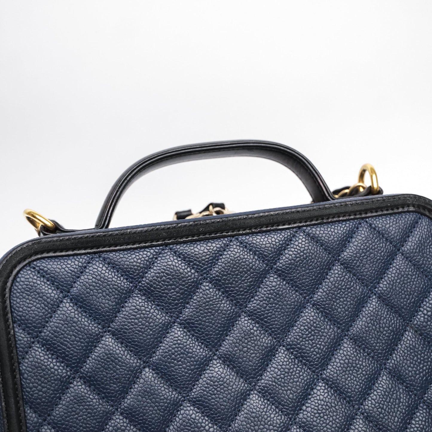 Chanel Quilted Large CC Filigree Vanity Case Navy Black Caviar Aged Gold Hardware