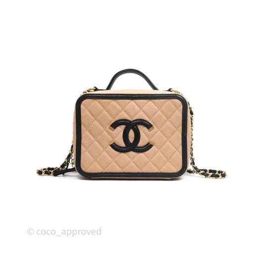 Chanel Medium CC Filigree Vanity Case Quilted Beige Black Caviar