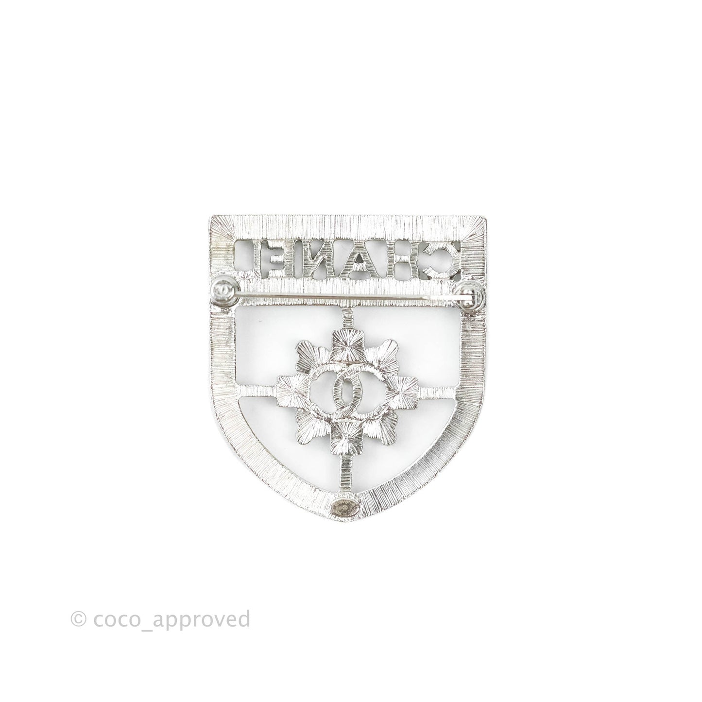 Chanel CC Crystal Shield Brooch Silver Tone 20V