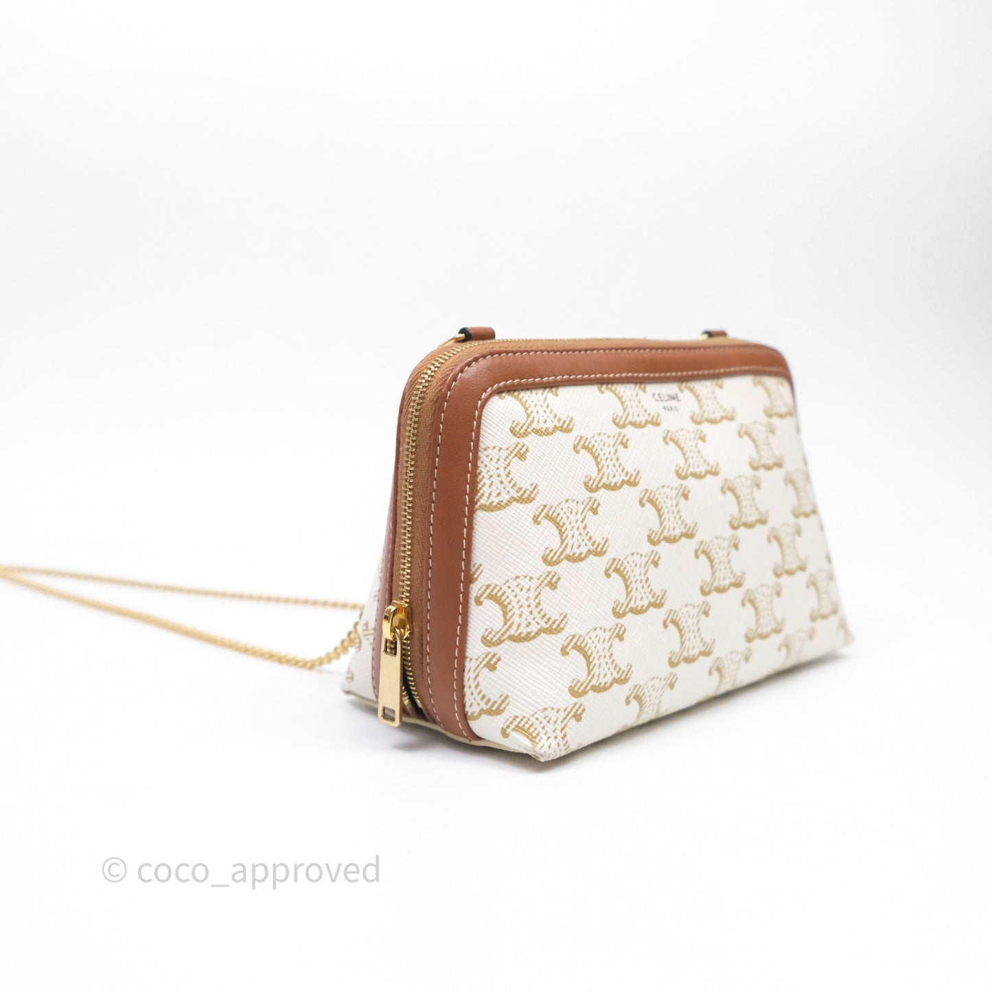 Celine Clutch With Chain Triomphe Canvas Lambskin White/Tan