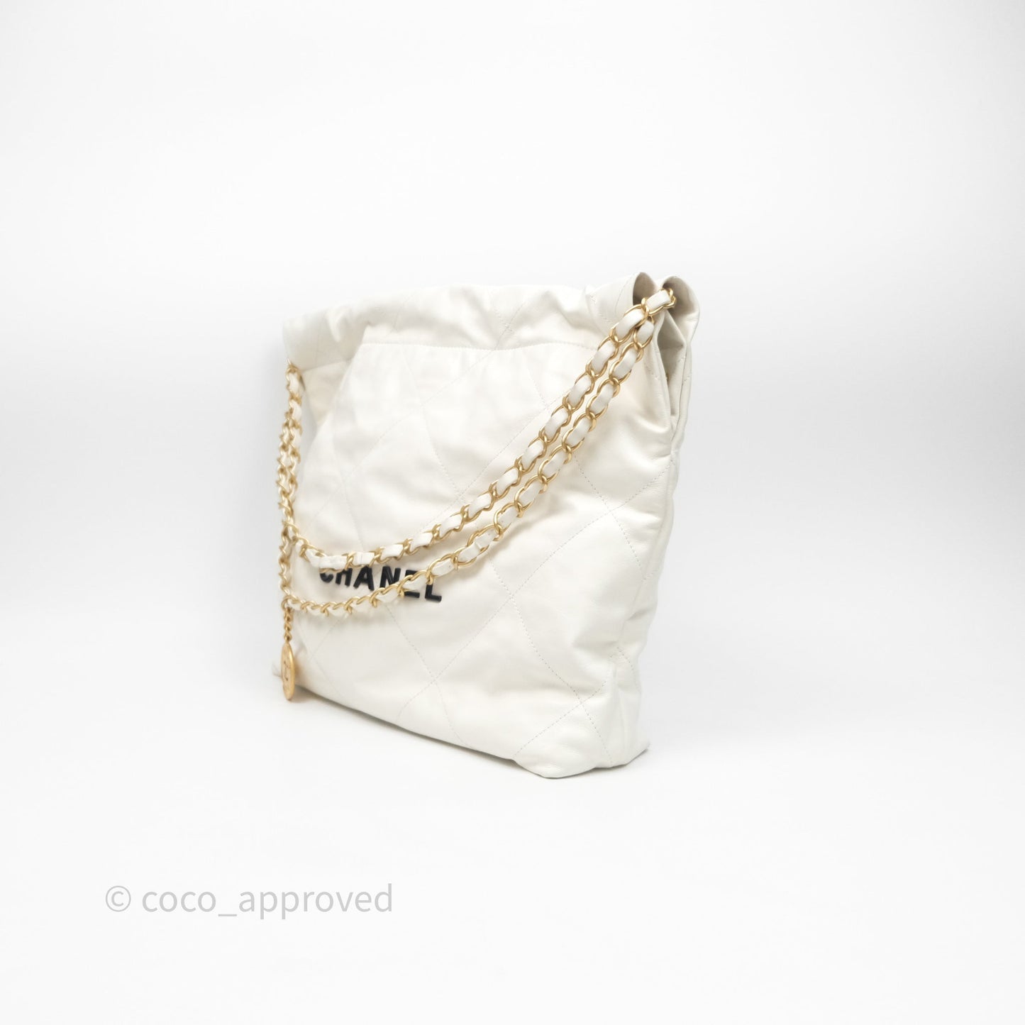 Chanel 22 Small White Aged Calfskin Black Logo Aged Gold Hardware