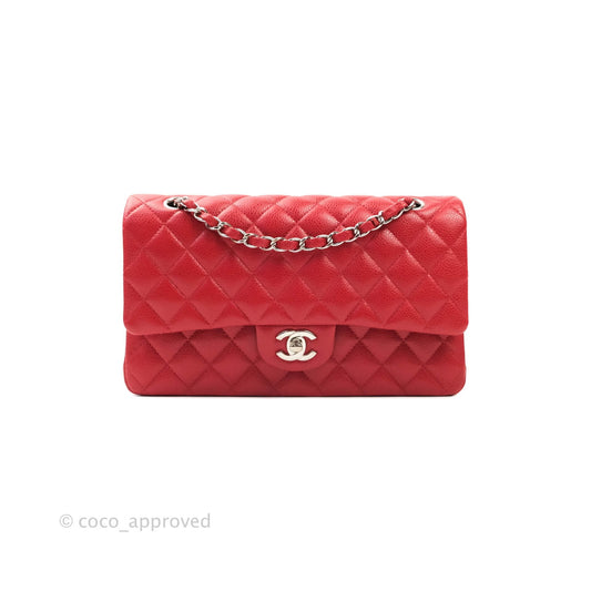 Chanel Classic M/L Medium Double Flap Red Caviar Silver Hardware