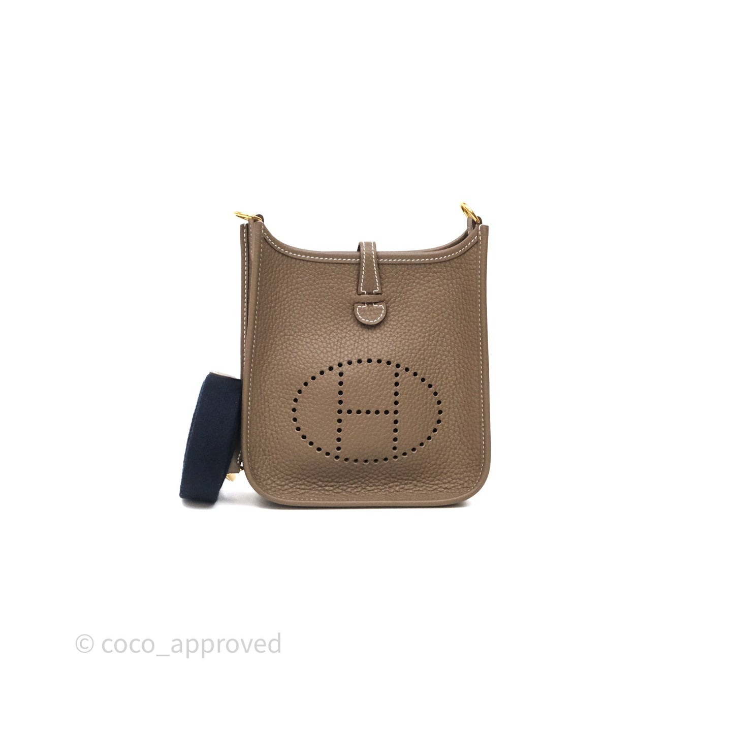 Hermès Mini Evelyne 16 Etoupe 18 Clemence Gold Hardware Bleu Indigo Strap