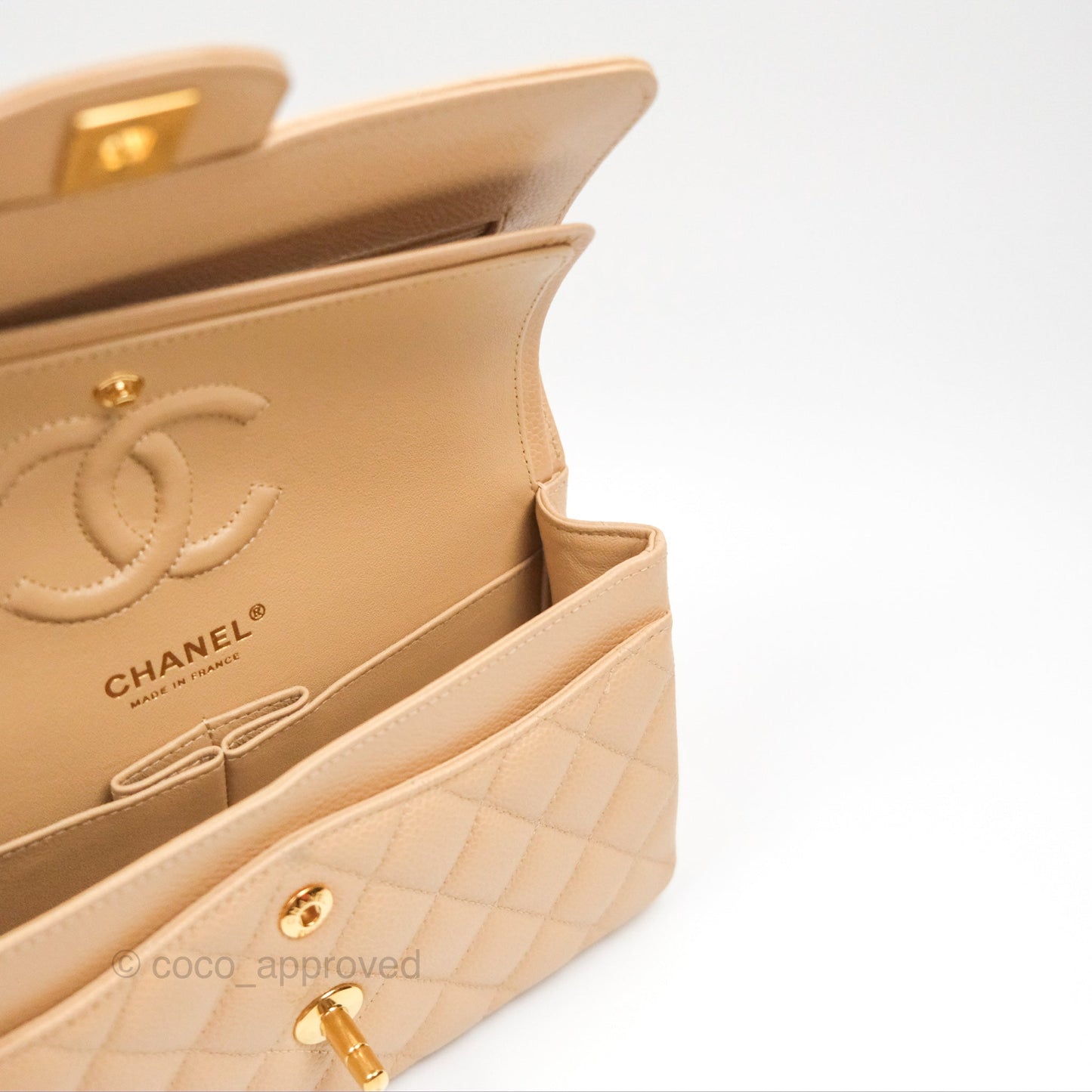 Chanel Small Quilted Classic Flap Beige Caviar Gold Hardware