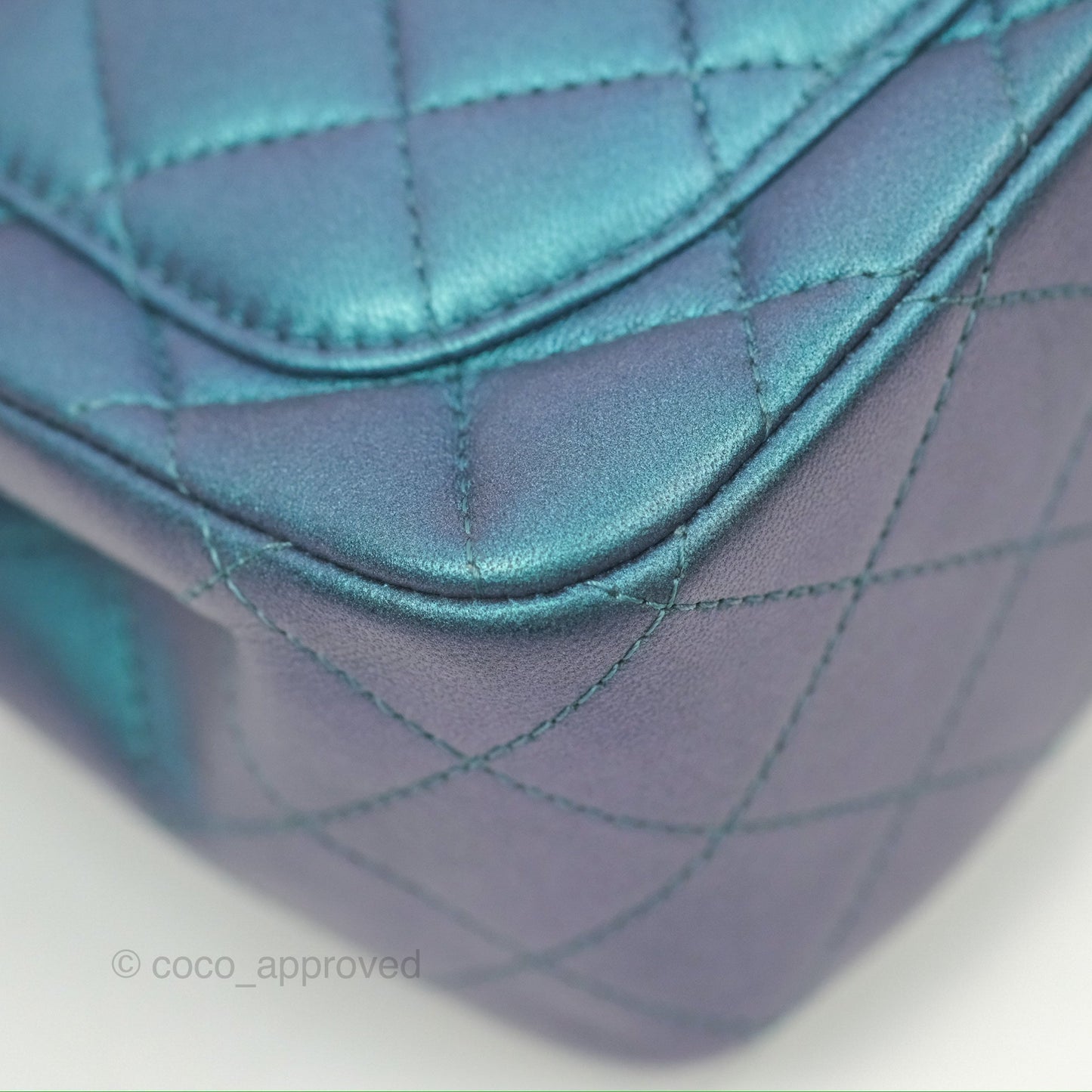 Chanel Mini Square Flap Quilted Iridescent Teal Lambskin Gun Metal