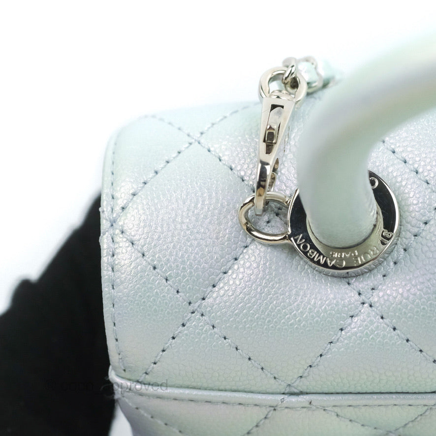 Chanel Small Coco Handle Quilted Iridescent Light Blue Caviar Rainbow Hardware