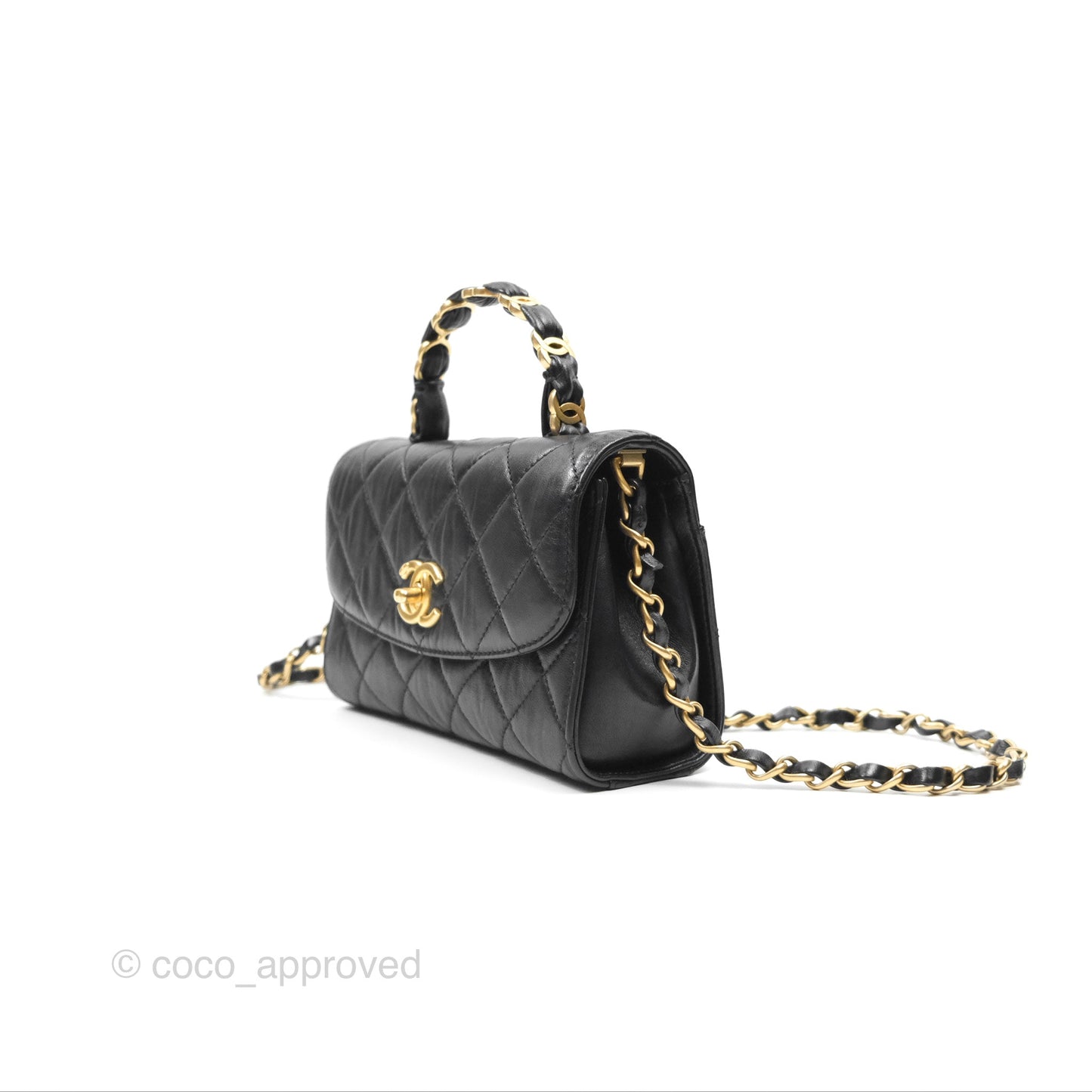 Chanel Mini Wrapped Handle Flap Bag Black Crumpled Lambskin Aged Gold Hardware 21S