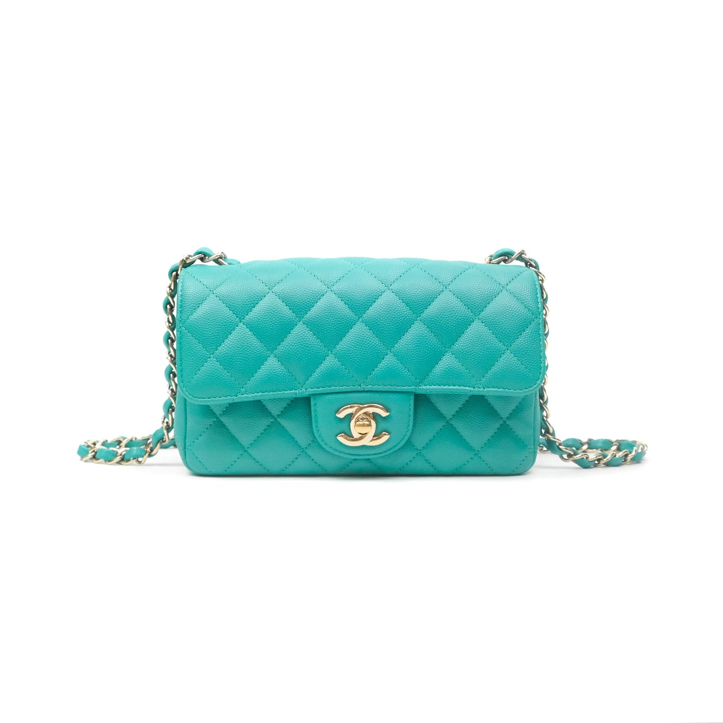Chanel Mini Rectangular Flap Quilted Turquoise Caviar Gold Hardware