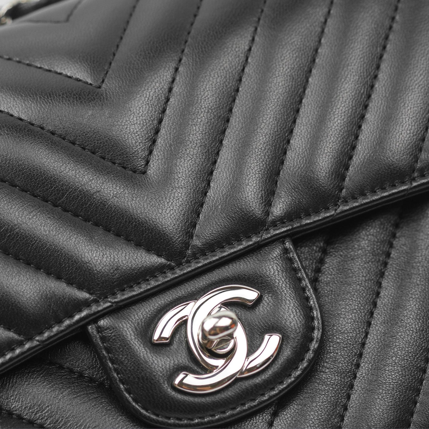 Chanel Small Classic Chevron Flap Black Lambskin Silver Hardware