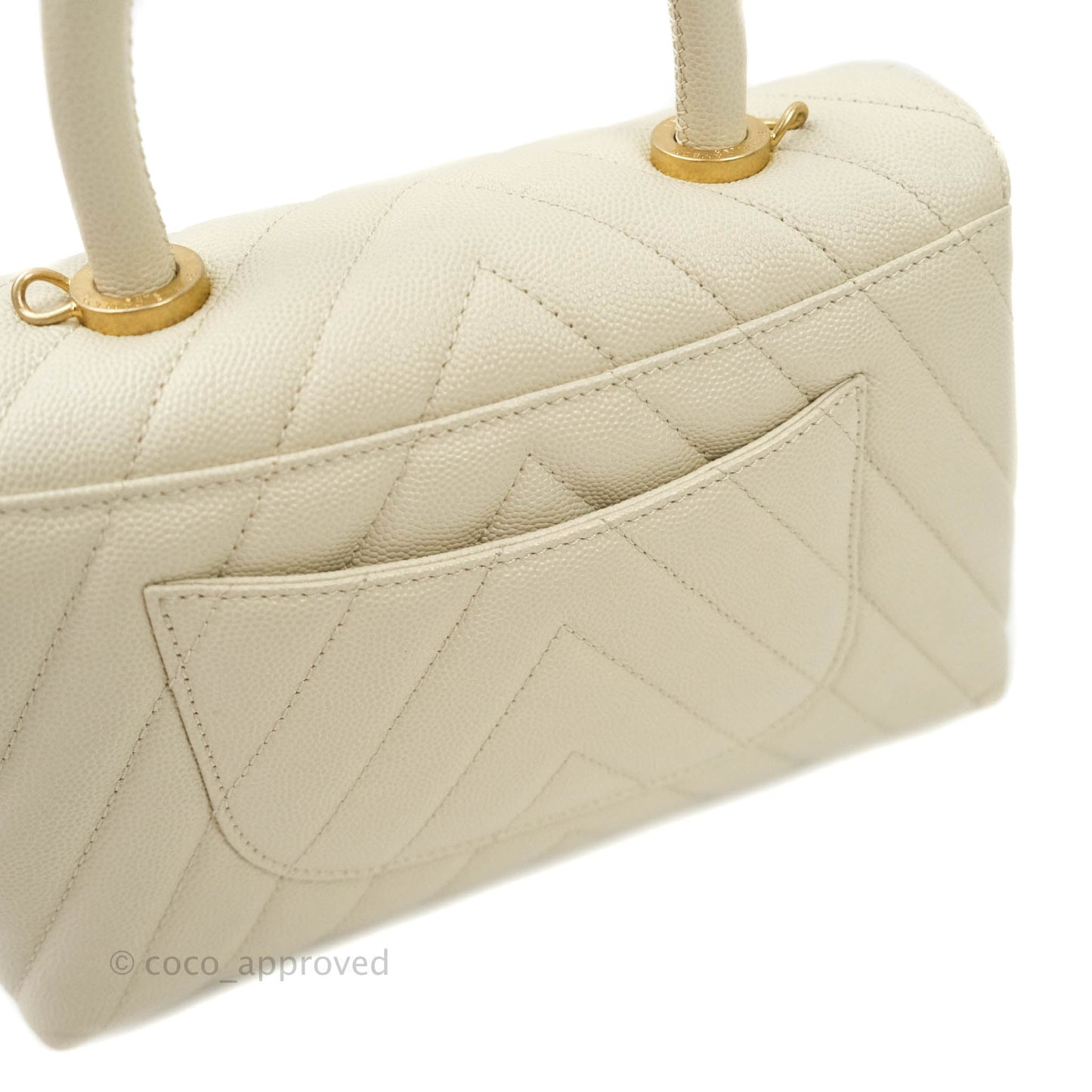 Chanel Mini Coco Handle Chevron Stone White Caviar Aged Gold Hardware