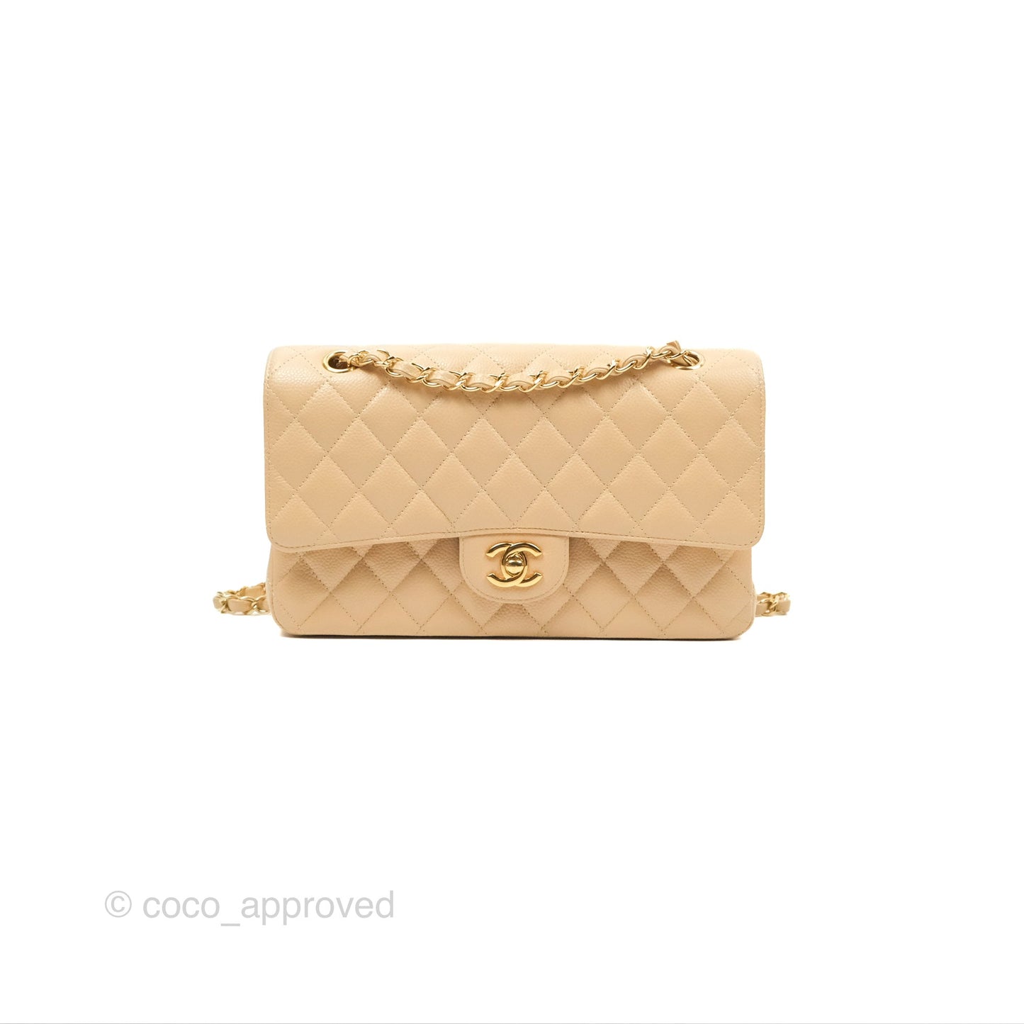Chanel Classic M/L Medium Flap Quilted Beige Caviar Gold Hardware