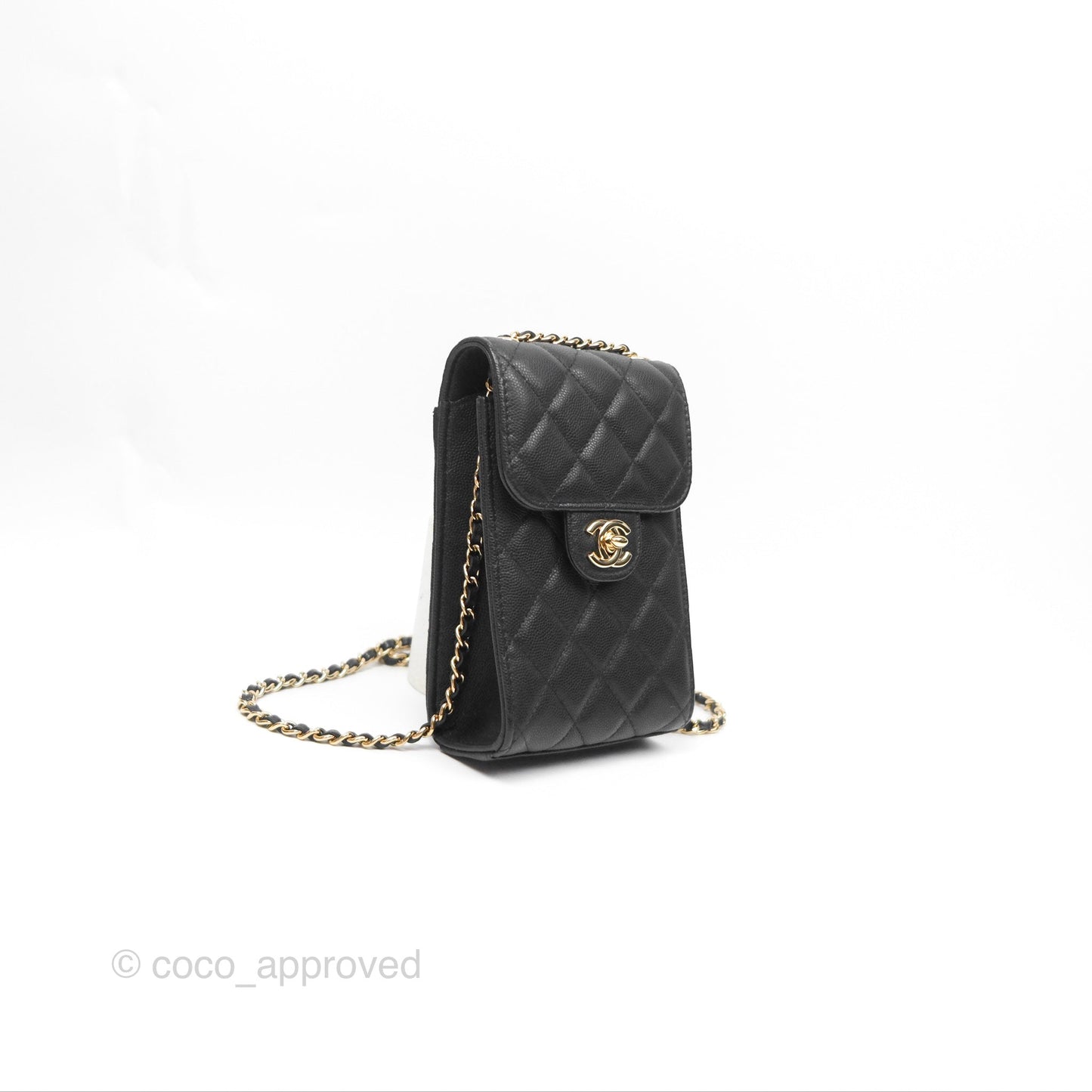 Chanel Classic Quilted Phone Holder Black Caviar Gold Hardware