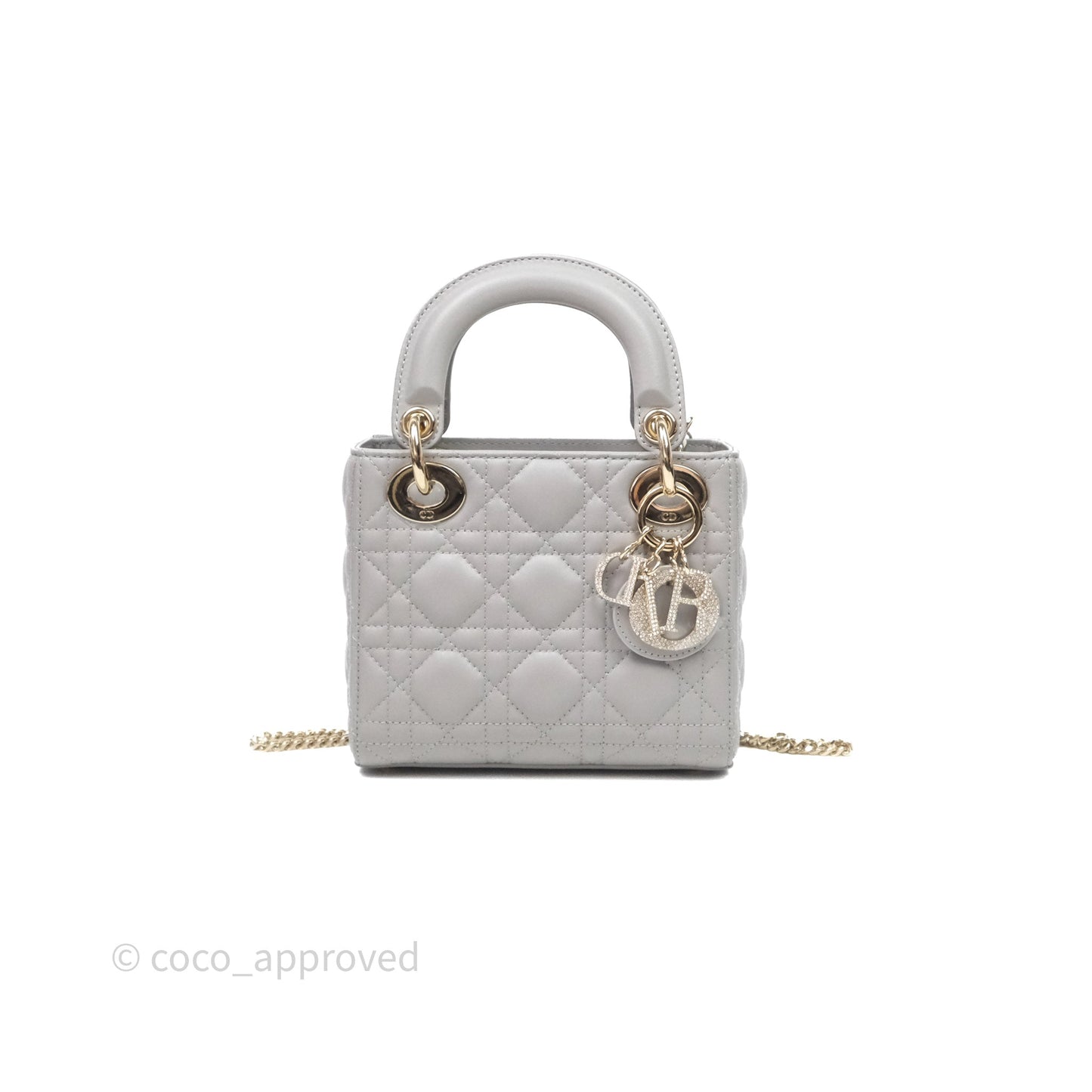 Christian Dior Mini Lady Dior Gray Lambskin Cannage Diamonds Gold Hardware