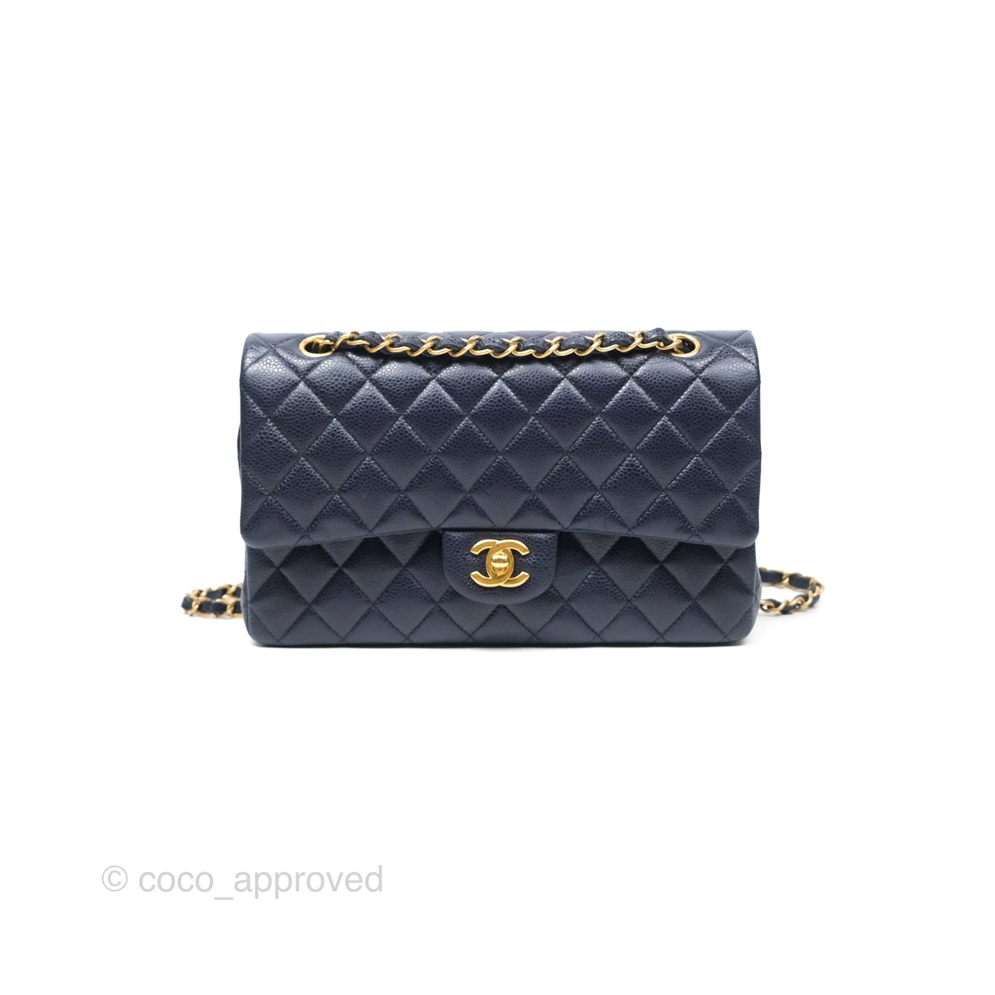Chanel Classic M/L Medium Flap Quilted French Navy Caviar Aged Gold Hardware