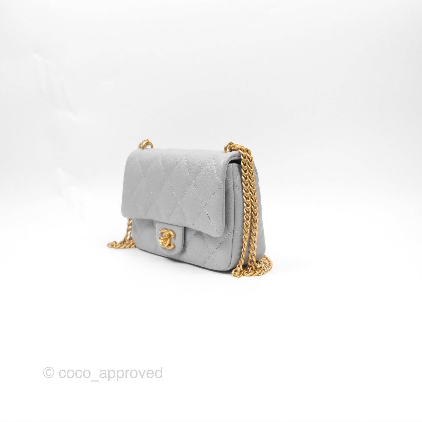 Chanel Mini Flap Bag Heart Adjustable Chain Grey Caviar Aged Gold Hardware