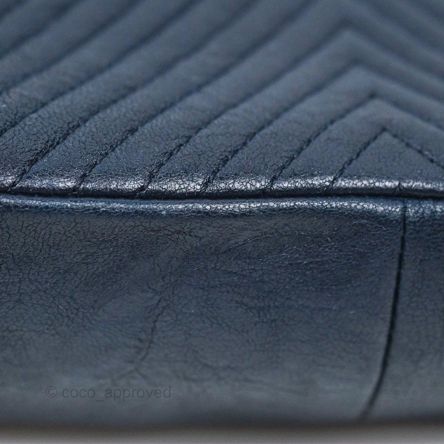 Chanel Small Chevron Surpique Flap Navy Calfskin Aged Gold Hardware