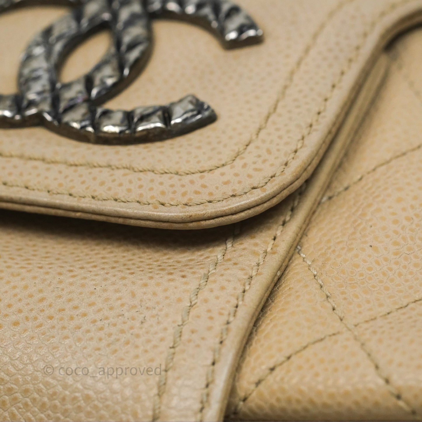 Chanel Quilted Coco Rider Hobo Bag Beige Caviar Ruthenium Hardware