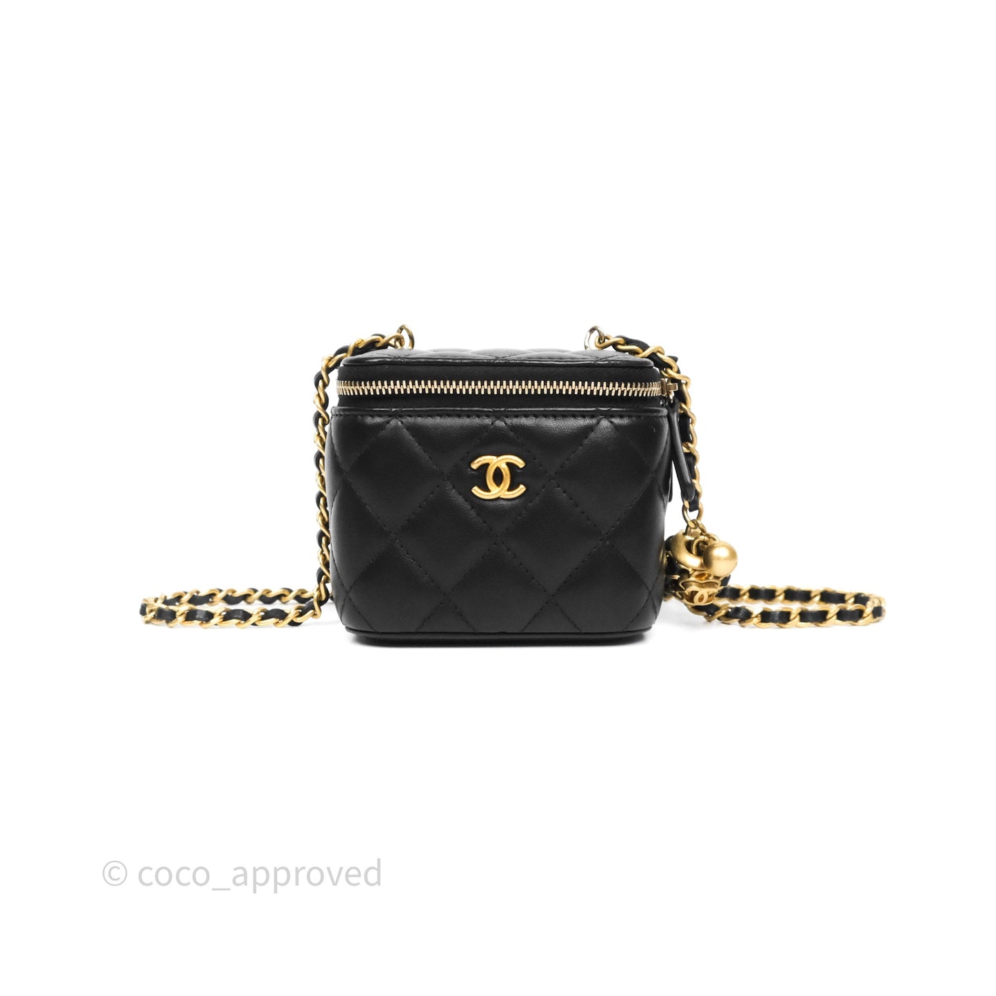Chanel Quilted Pearl Crush Mini Vanity With Chain Black Lambskin Aged Gold Hardware