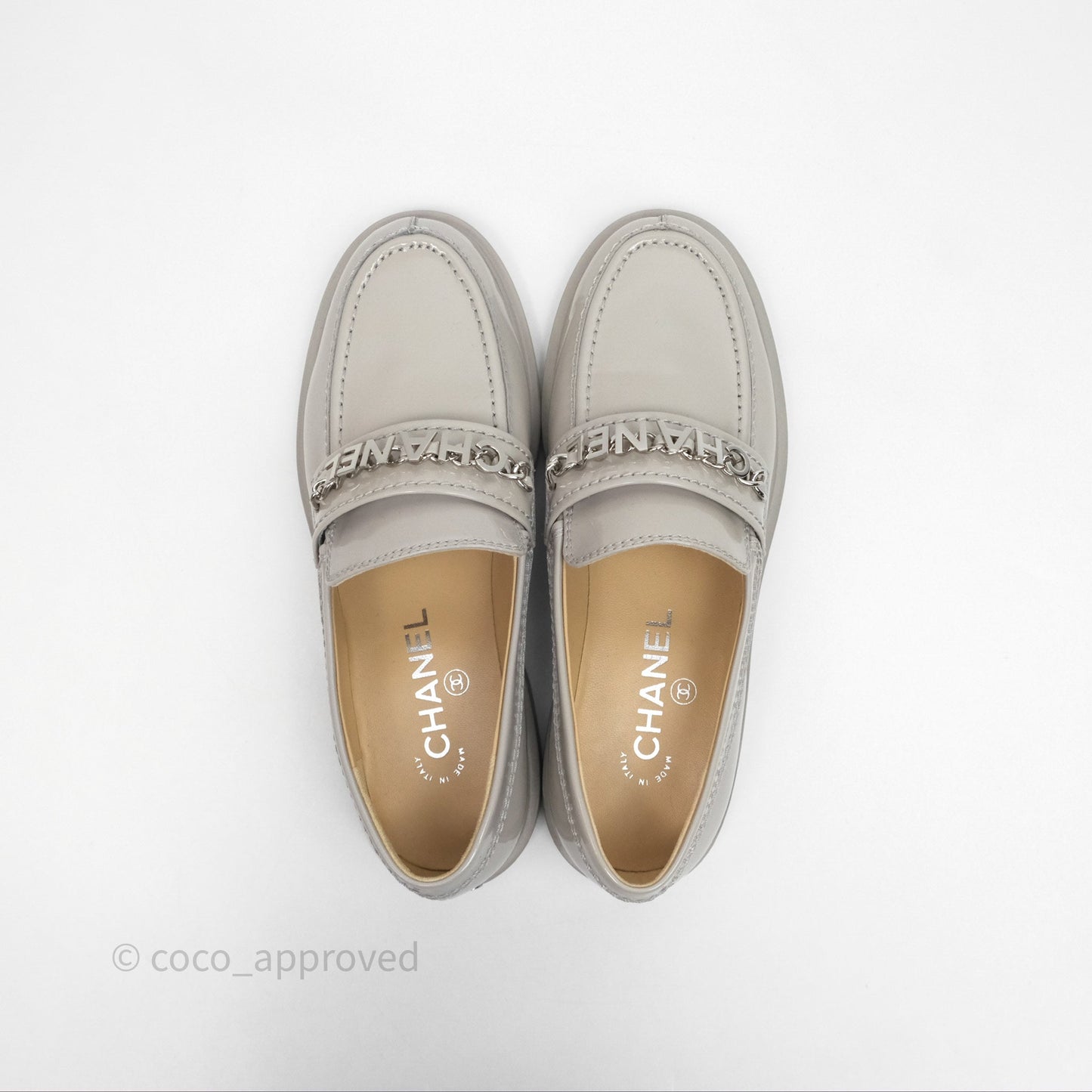 Chanel Patent Calfskin Light Grey Loafers 23A Size 37
