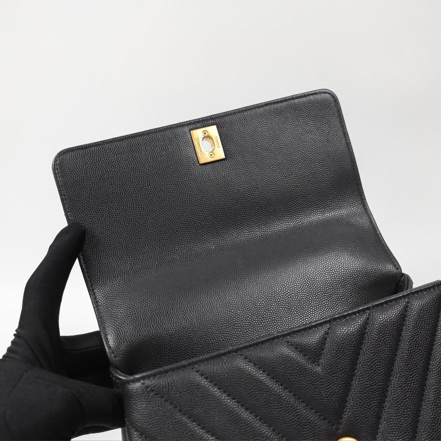 Chanel Small Coco Handle Chevron Dark Grey Caviar Aged Gold Hardware