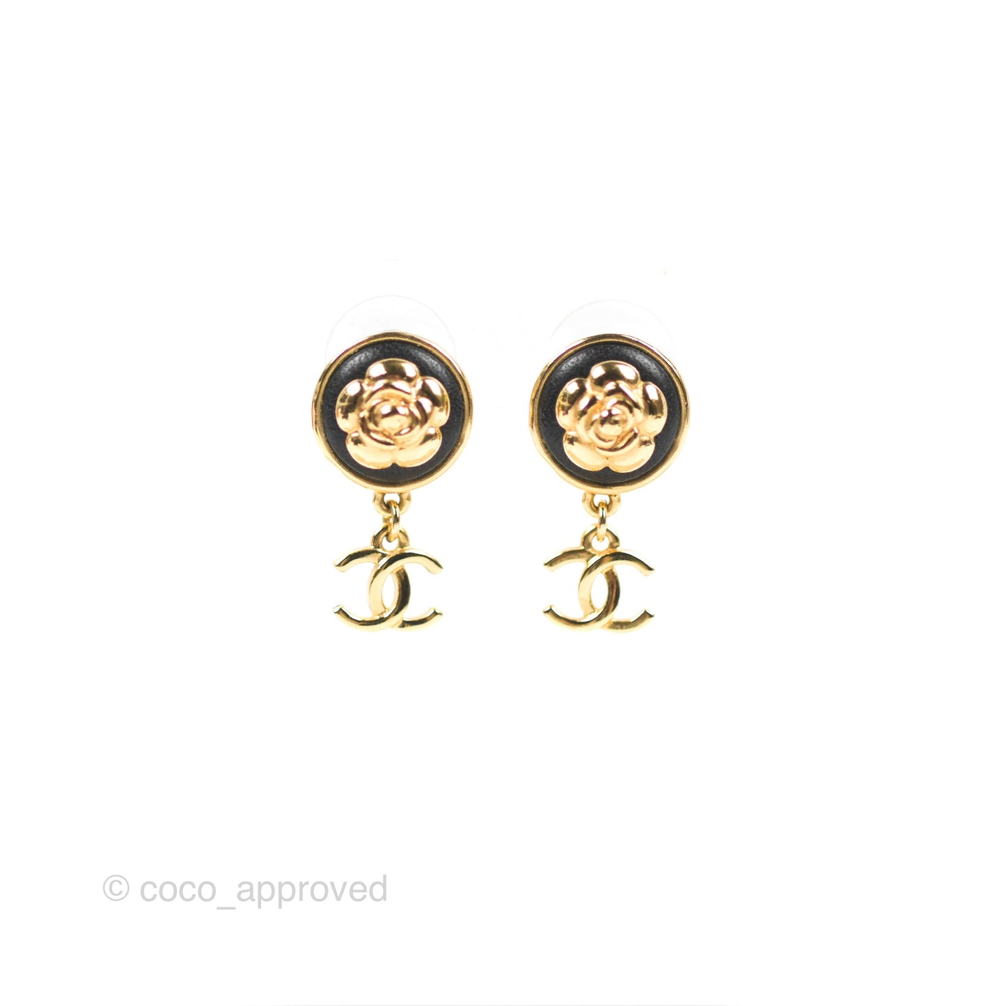 Chanel Round Camellia CC Earrings Black Leather Gold Tone 22A