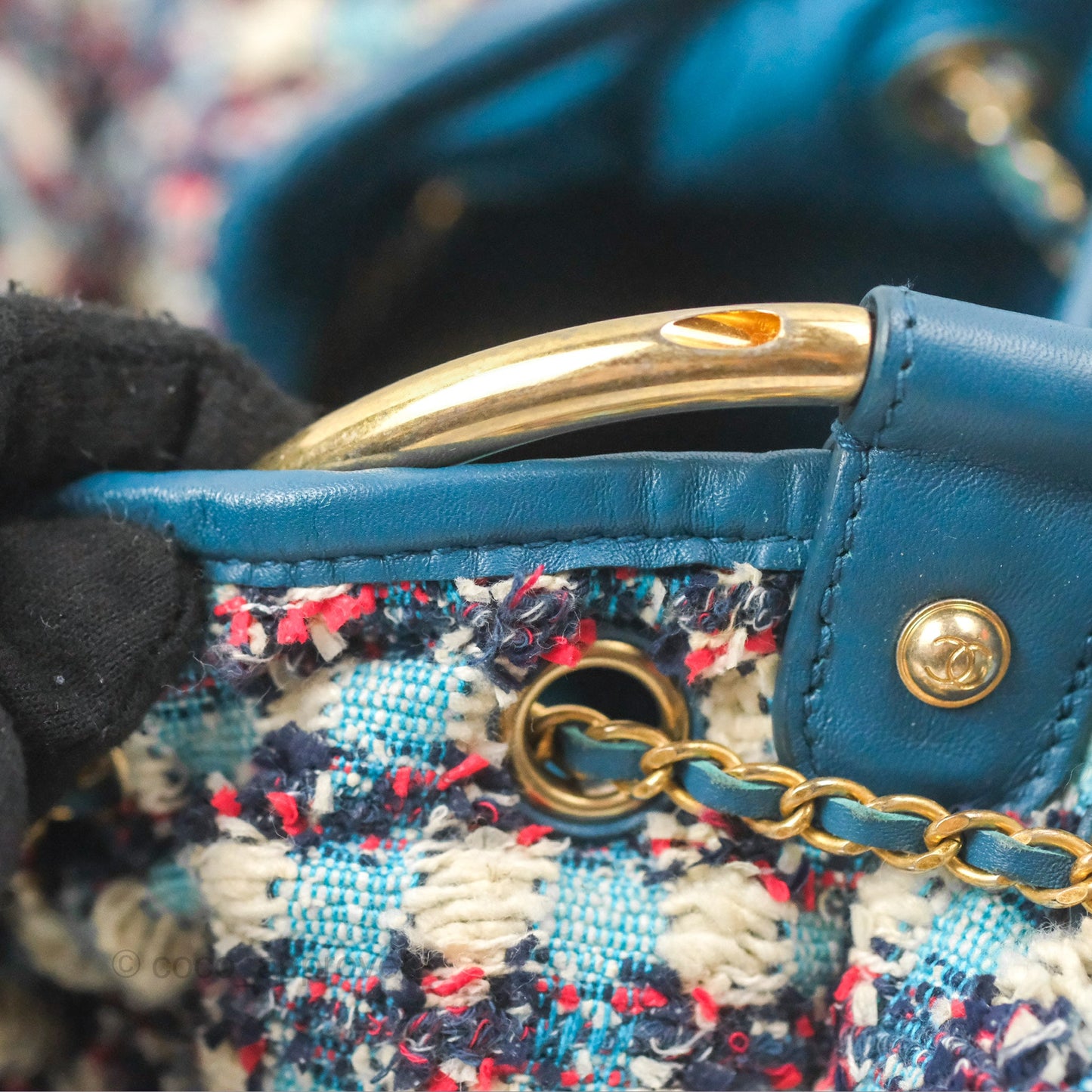 Chanel Cuba Chesterfield Tweed Drawstring Bucket Bag Blue Aged Gold Hardware 17C