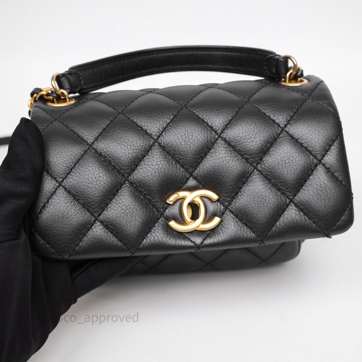 Chanel Quilted Handle Flap Bag Black Calfskin Aged Gold Hardware