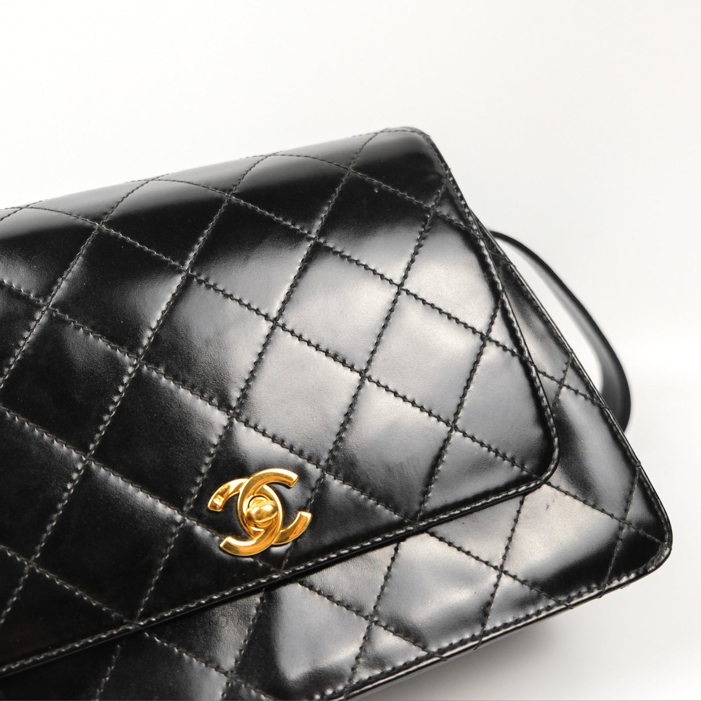 Chanel Vintage Flap Shoulder Bag Black Patent 24K Gold Hardware