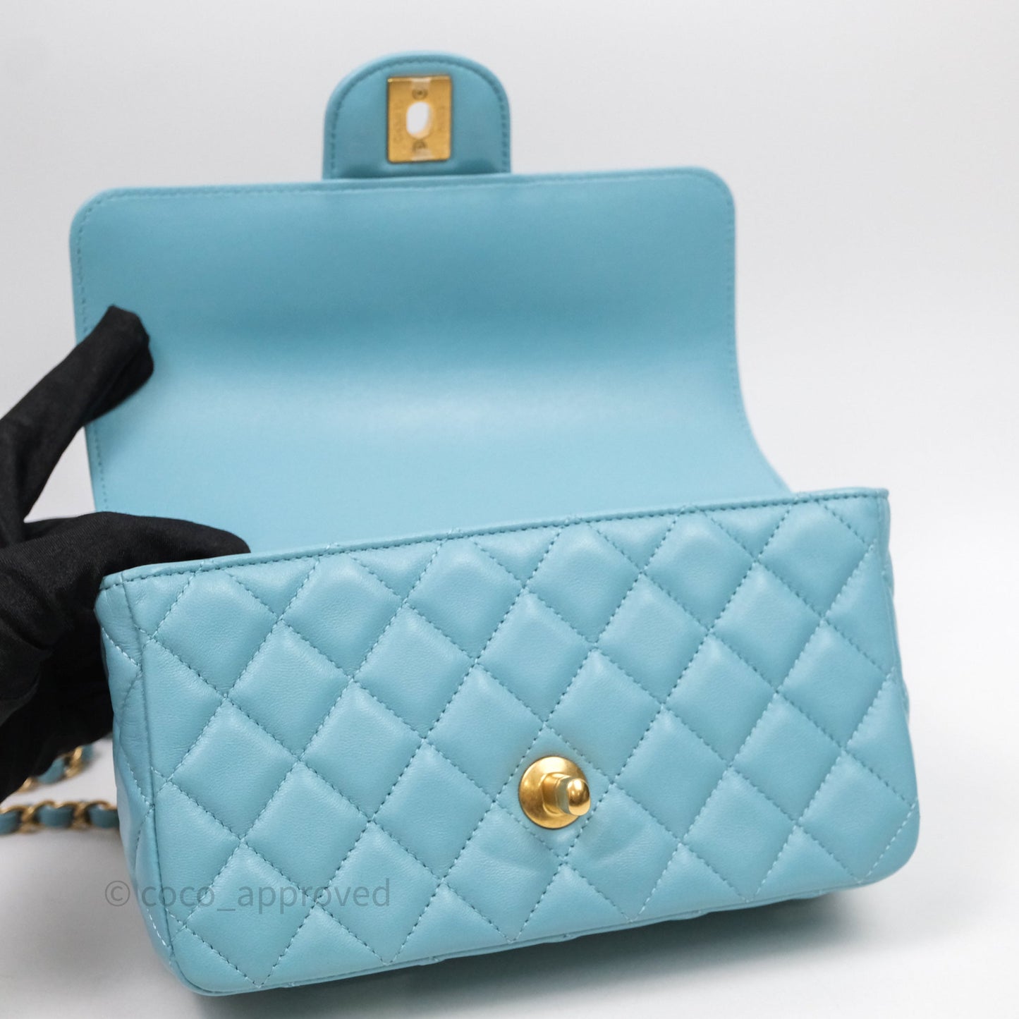 Chanel Flap Bag with Crystal Logo Top Handle Tiffany Blue Lambskin Aged Gold Hardware