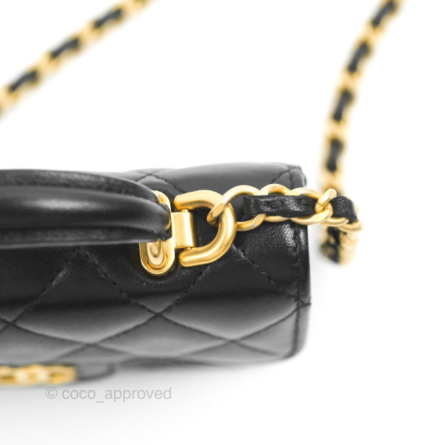 Chanel Mini Handle Flap Coin Purse With Chain Black Lambskin Gold Hardware