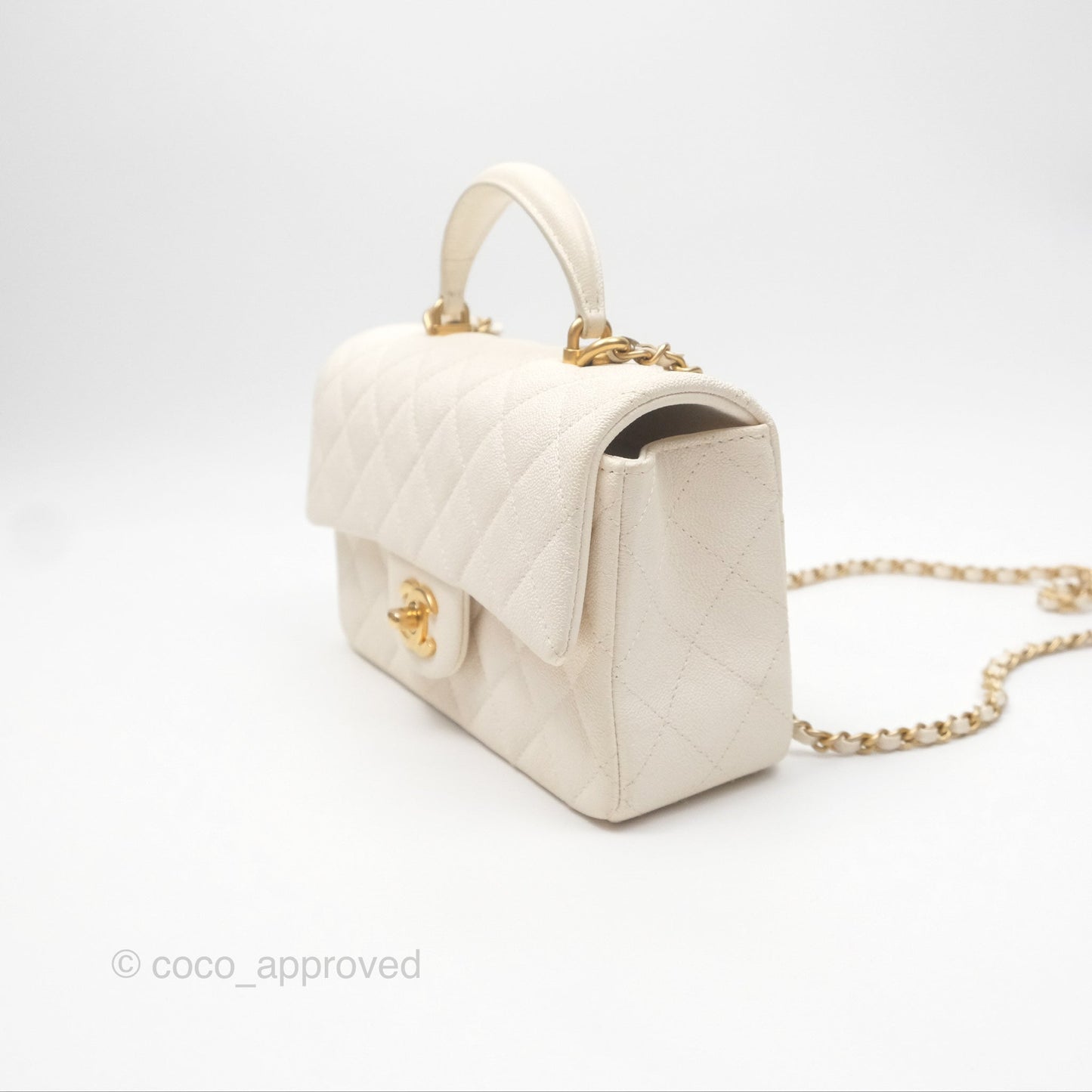 Chanel Top Handle Mini Rectangular Flap Bag Ivory White Caviar Aged Gold Hardware