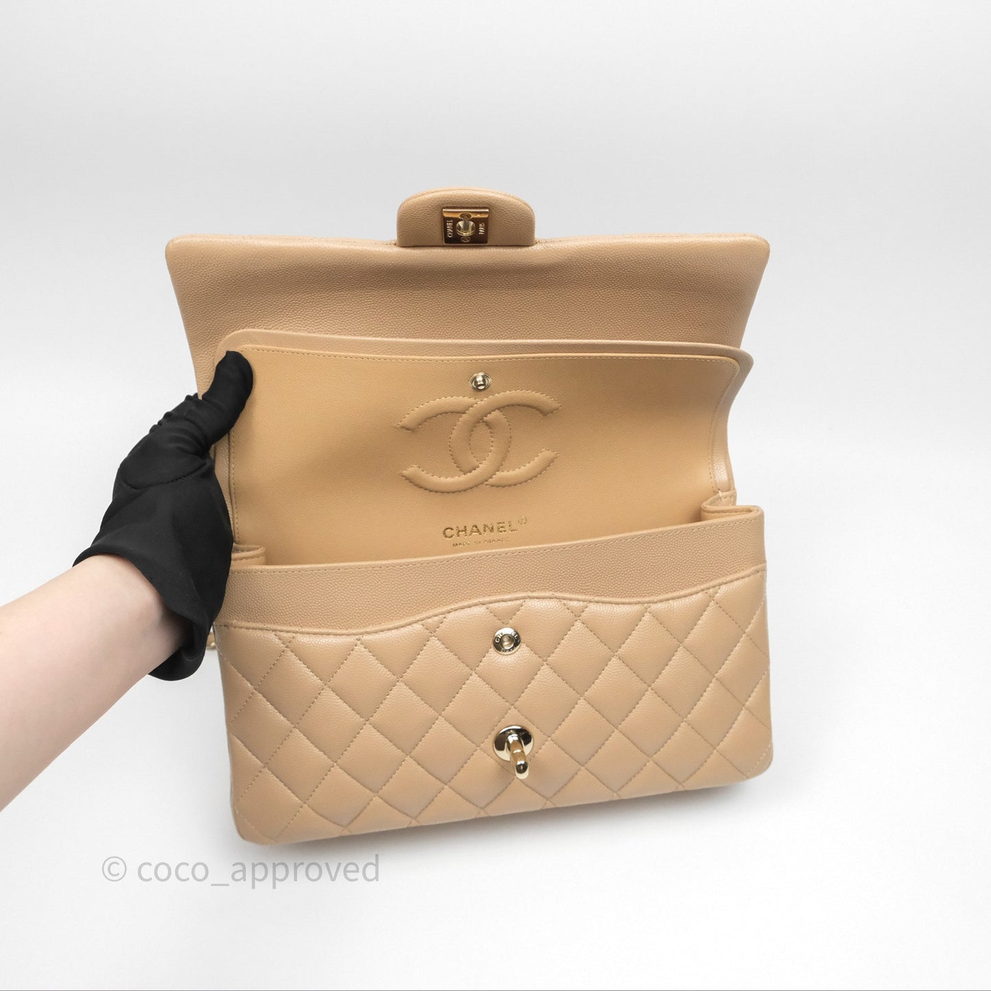 Chanel Classic M/L Medium Double Flap Dark Beige Caviar Gold Hardware 19B