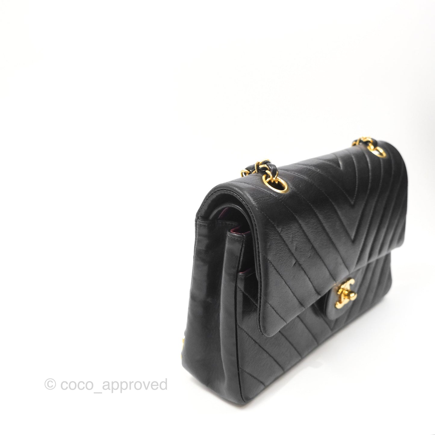 Chanel Vintage Medium Classic Flap Chevron Black Lambskin 24K Gold Hardware