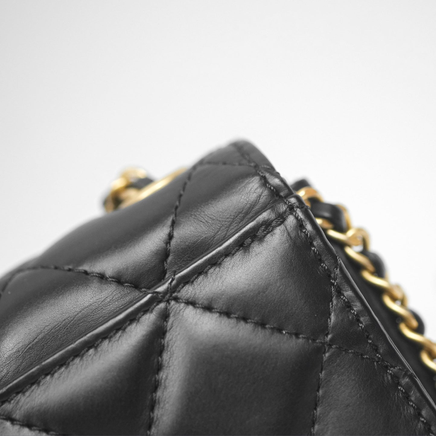 Chanel Quilted Side Chain Flap Bag Black Calfskin Aged Gold Hardware
