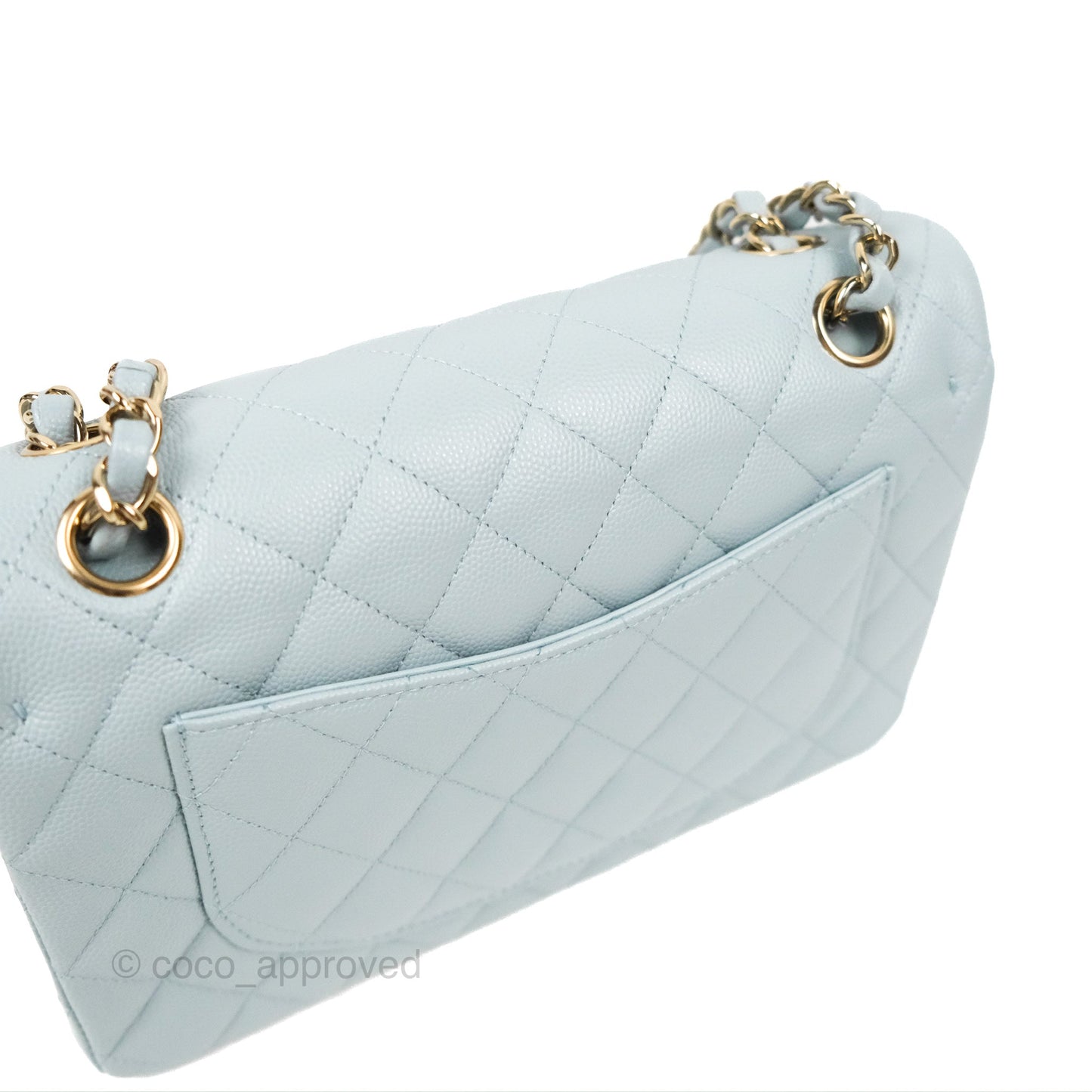 Chanel Small Classic Quilted Flap Light Blue Caviar Gold Hardware 22P