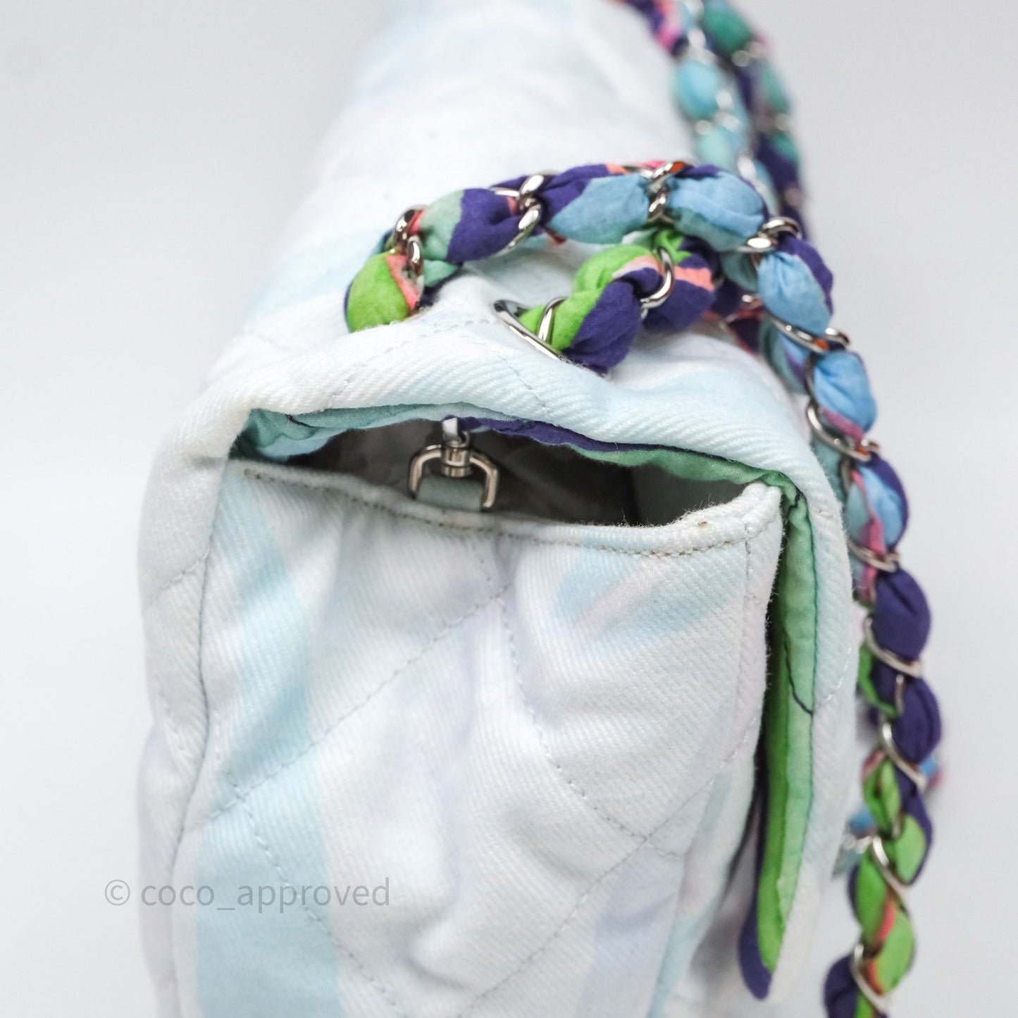 Chanel Single Flap Bag Blue Watercolour Denim Silver Hardware