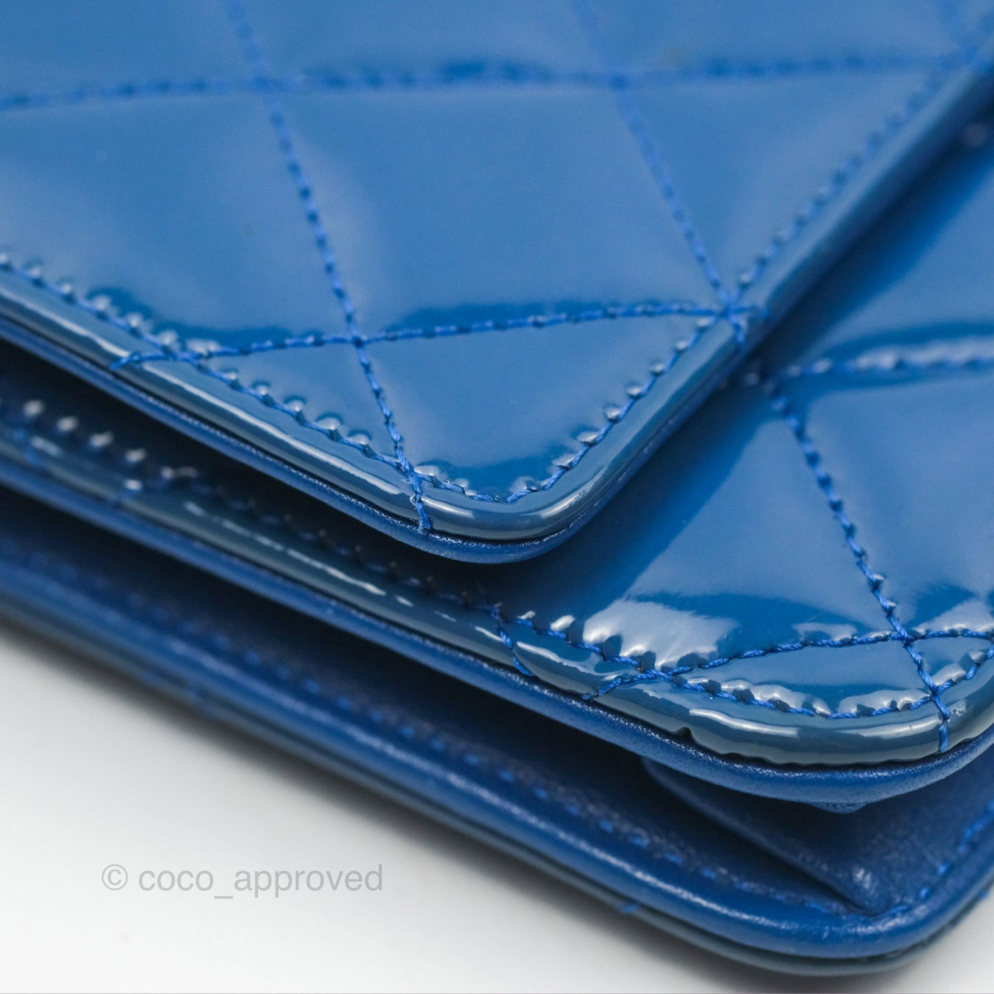 Chanel Quilted Classic Wallet on Chain WOC Blue Patent Silver Hardware