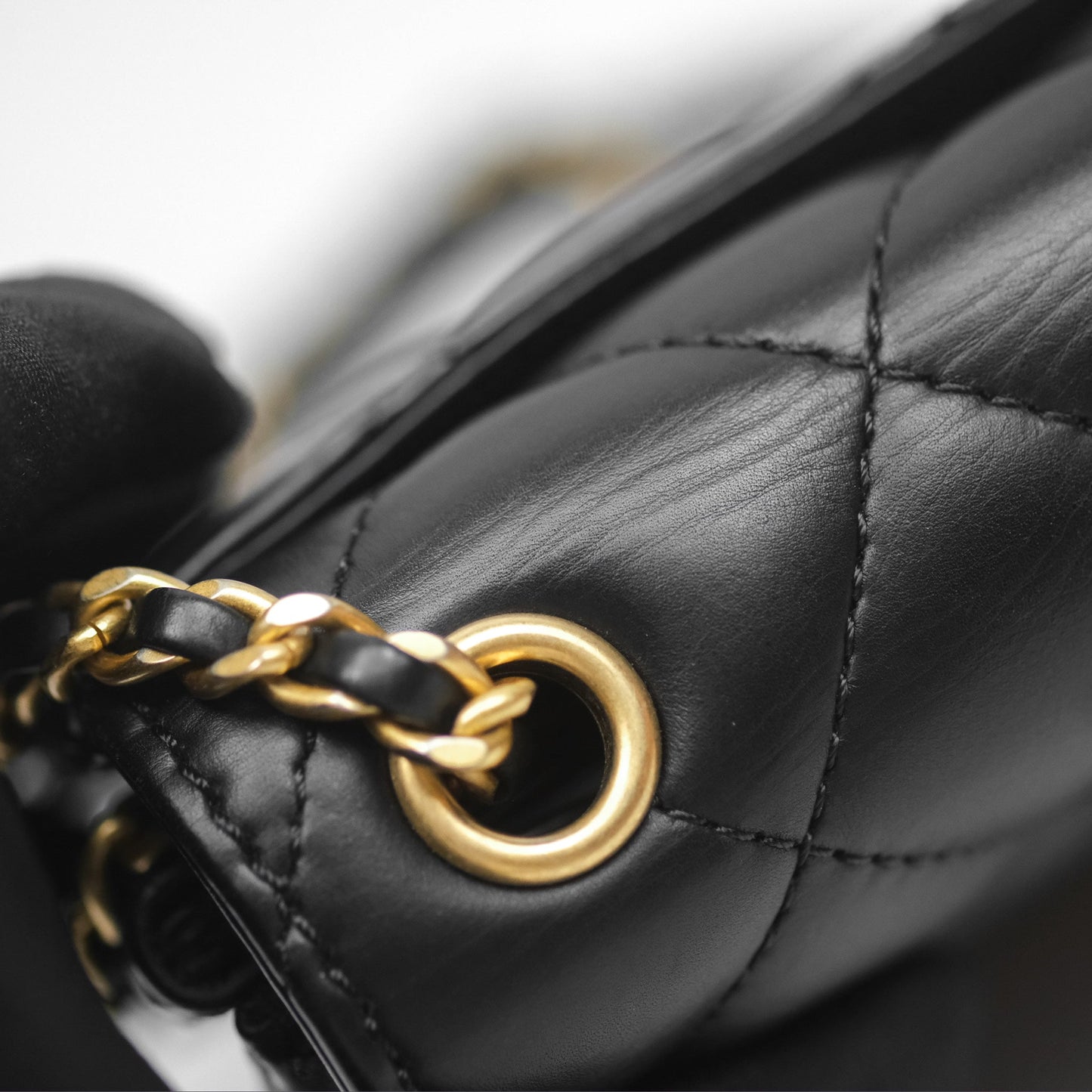 Chanel Quilted Side Chain Flap Bag Black Calfskin Aged Gold Hardware