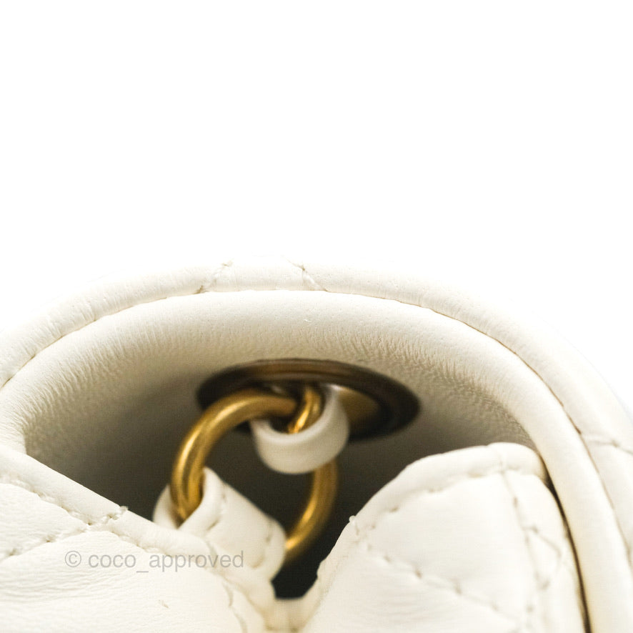 Chanel Mini Square Pearl Crush Quilted White Lambskin Aged Gold Hardware