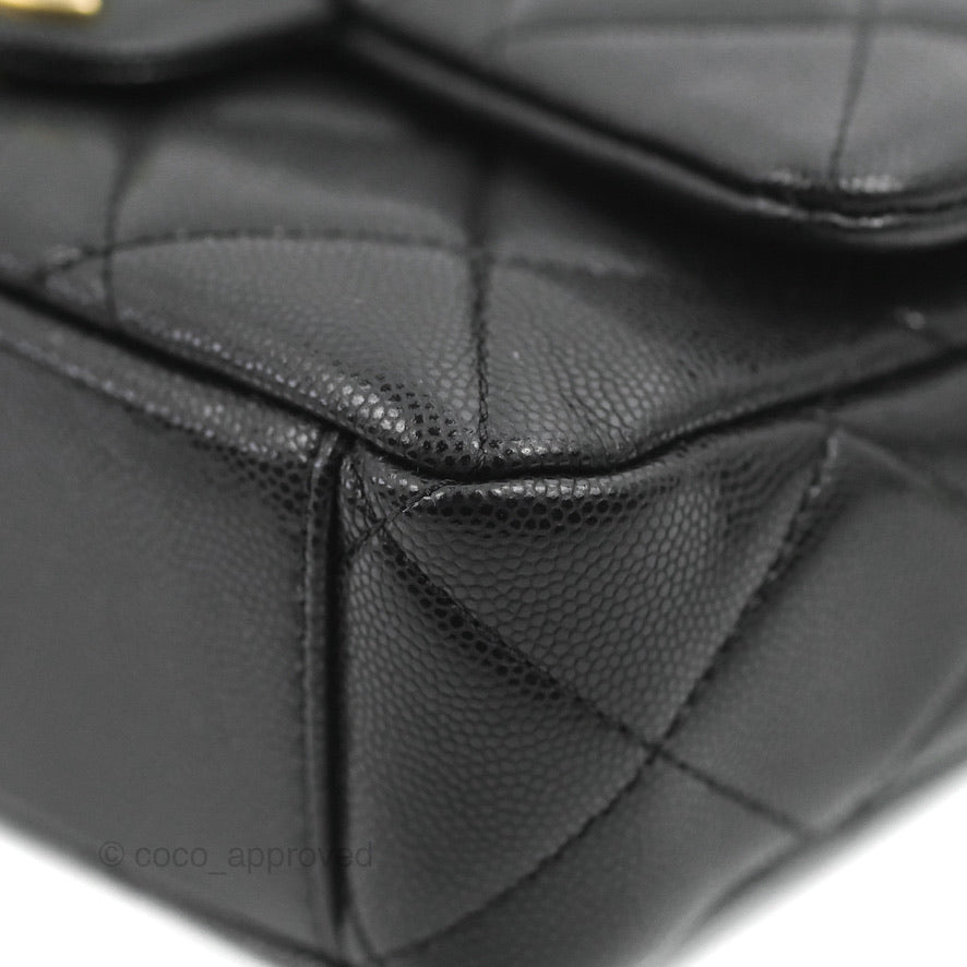Chanel Small Flap with Coin Charm Black Caviar Aged Gold Hardware 22A