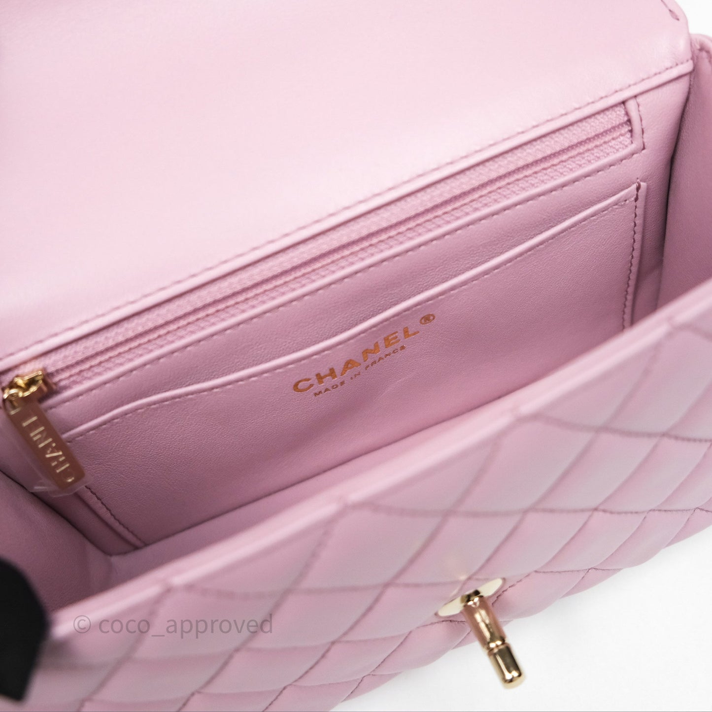 Chanel Logo Top Handle Mini Rectangular Flap Bag Pink Lambskin Gold Hardware
