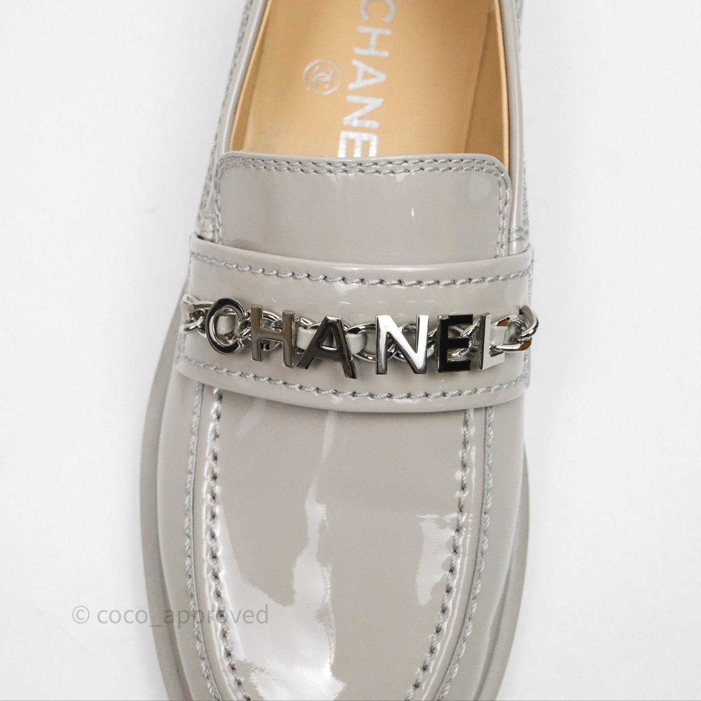 Chanel Patent Calfskin Light Grey Loafers 23A Size 37